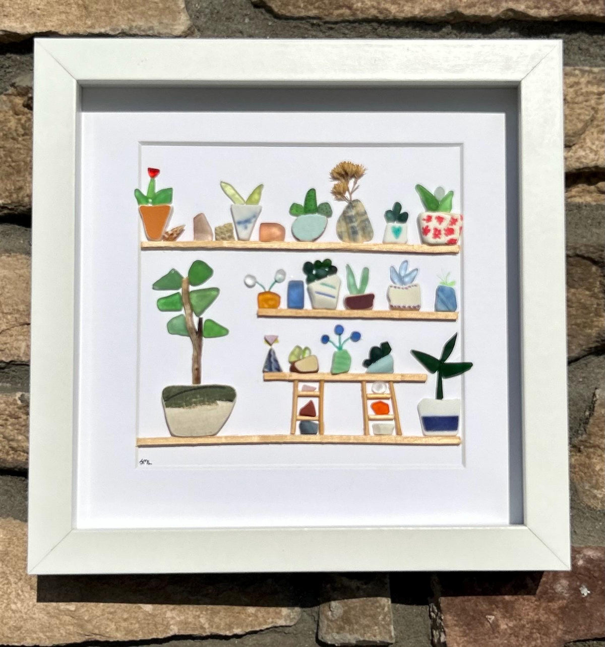 Sea Glass Flowers on a Shelf Art | Plants on Shelves | Framed 9x9 Coastal Wall Decor with Shells &amp; Pottery | Original Handmade Beach Artwork