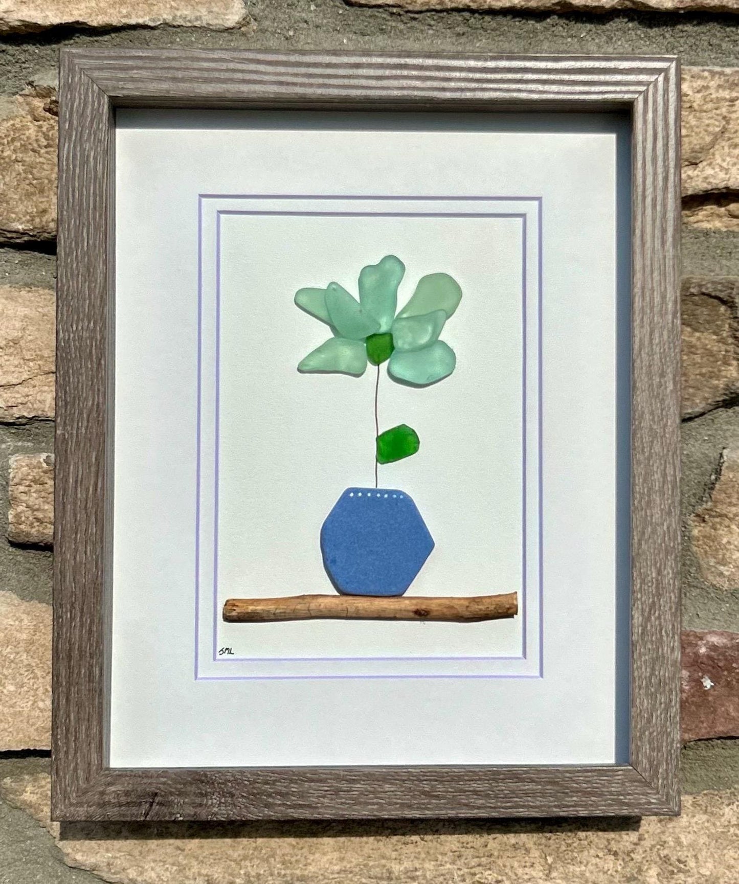 Sea Glass Flower Mosaic | 8x10 Framed Beach Art with Spanish Pottery & Scottish Sea Glass | Gift for Plant Lover | Gift for Gardner