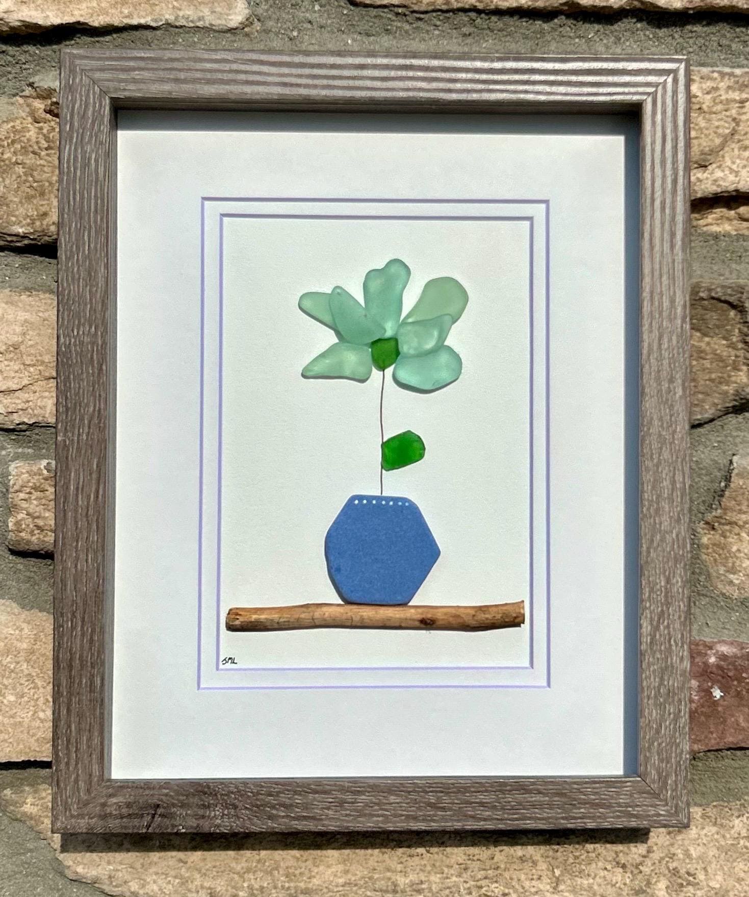 Sea Glass Flower Mosaic | 8x10 Framed Beach Art with Spanish Pottery & Scottish Sea Glass | Gift for Plant Lover | Gift for Gardner