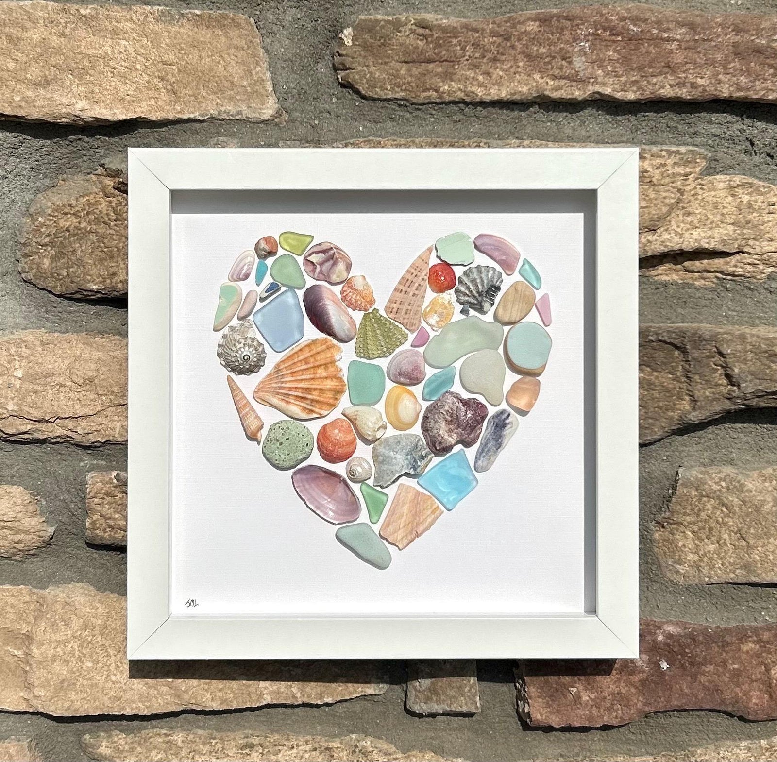 Colorful Heart Beach Collage | 9x9 Framed Sea Glass, Shell & Pottery Art | Handmade Coastal Wall Decor | Scottish Sea Glass and Shells