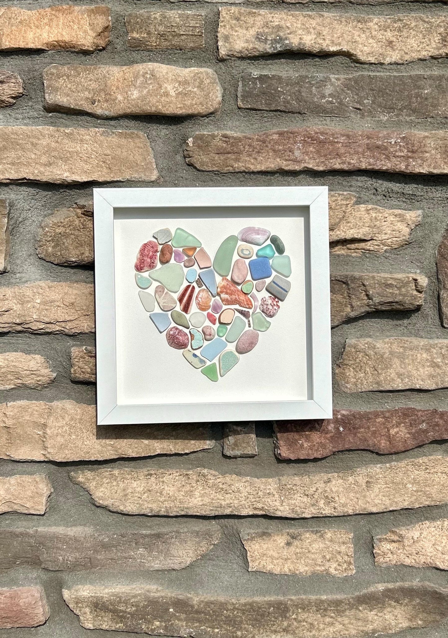 Colorful Heart Beach Collage | 9x9 Framed Sea Glass, Shell & Pottery Art | Handmade Coastal Wall Decor | Scottish Sea Glass and Shells