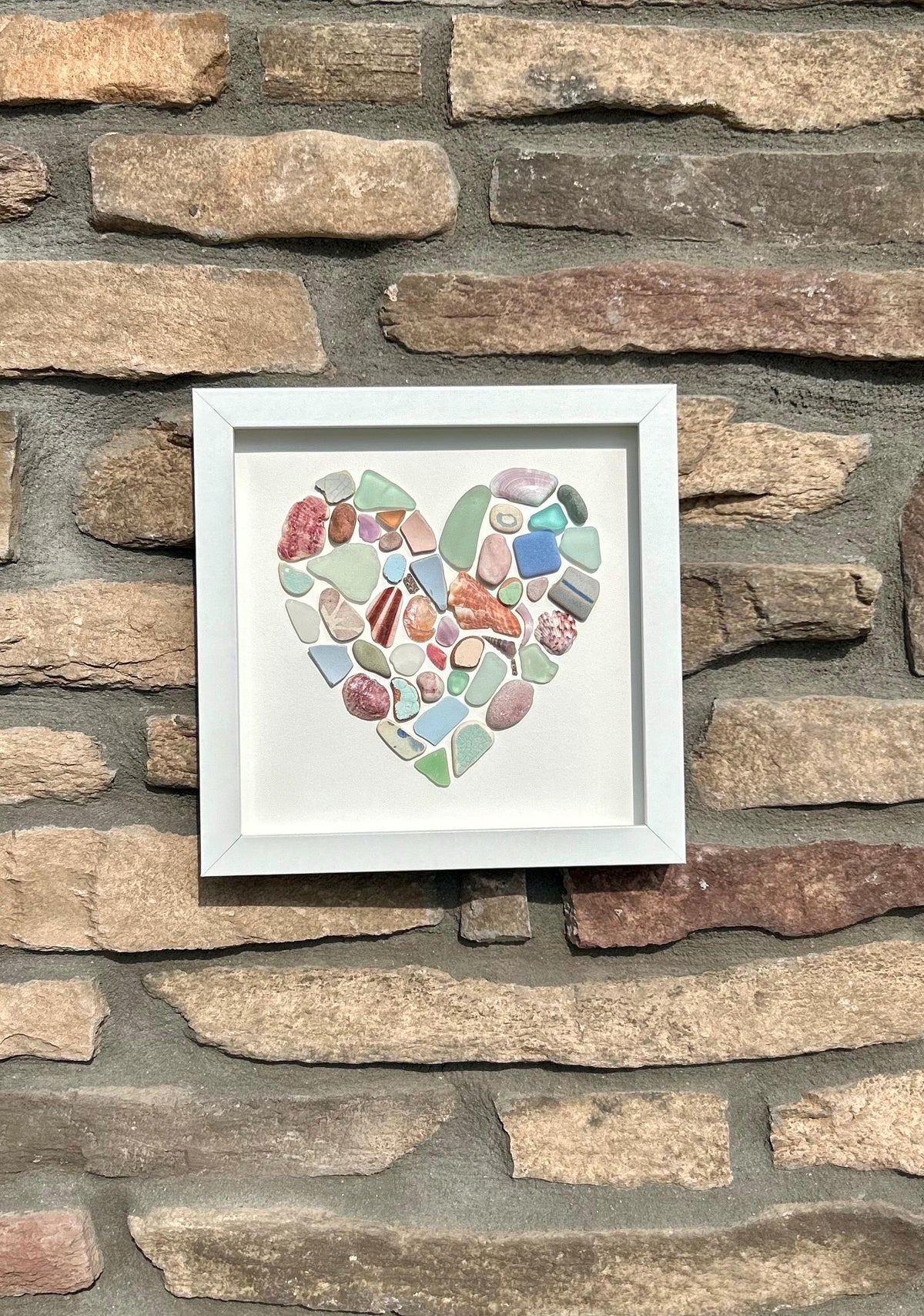 Colorful Heart Beach Collage | 9x9 Framed Sea Glass, Shell &amp; Pottery Art | Handmade Coastal Wall Decor | Scottish Sea Glass and Shells