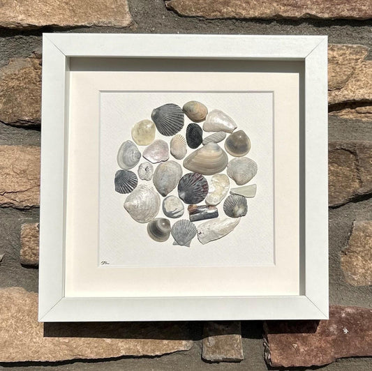 Circular Abstract Beach Mosaic | Gray Glass, Shells, Sea Pottery and Pebbles | Framed Handmade Original Coastal Decor | 8x8 Beach Art