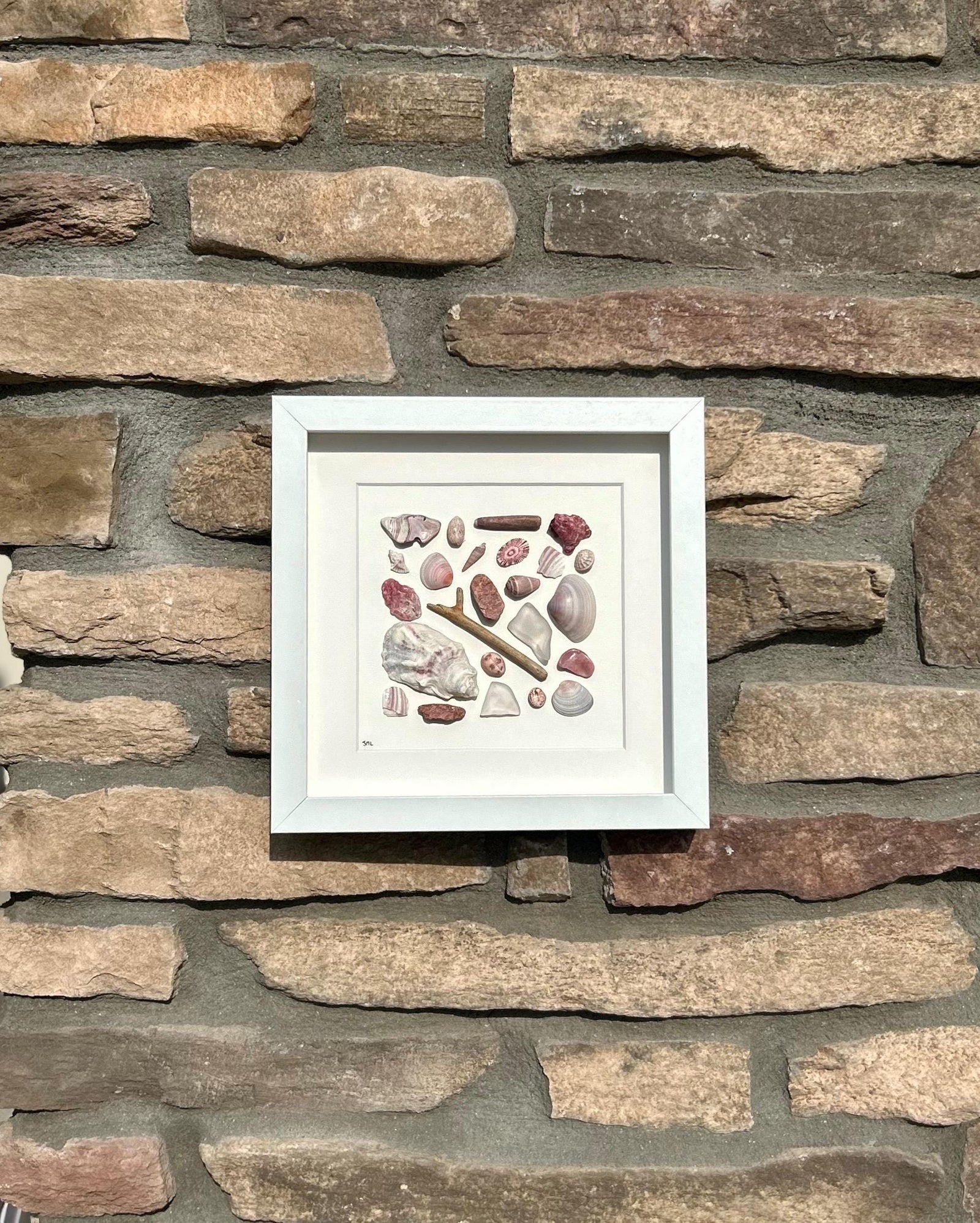 Delicate Beach Art in Pinks and Reds | Pink and Red Sea Treasures | 9x9 Sea Glass, Shell & Pebble Collage | Handmade Coastal Decor