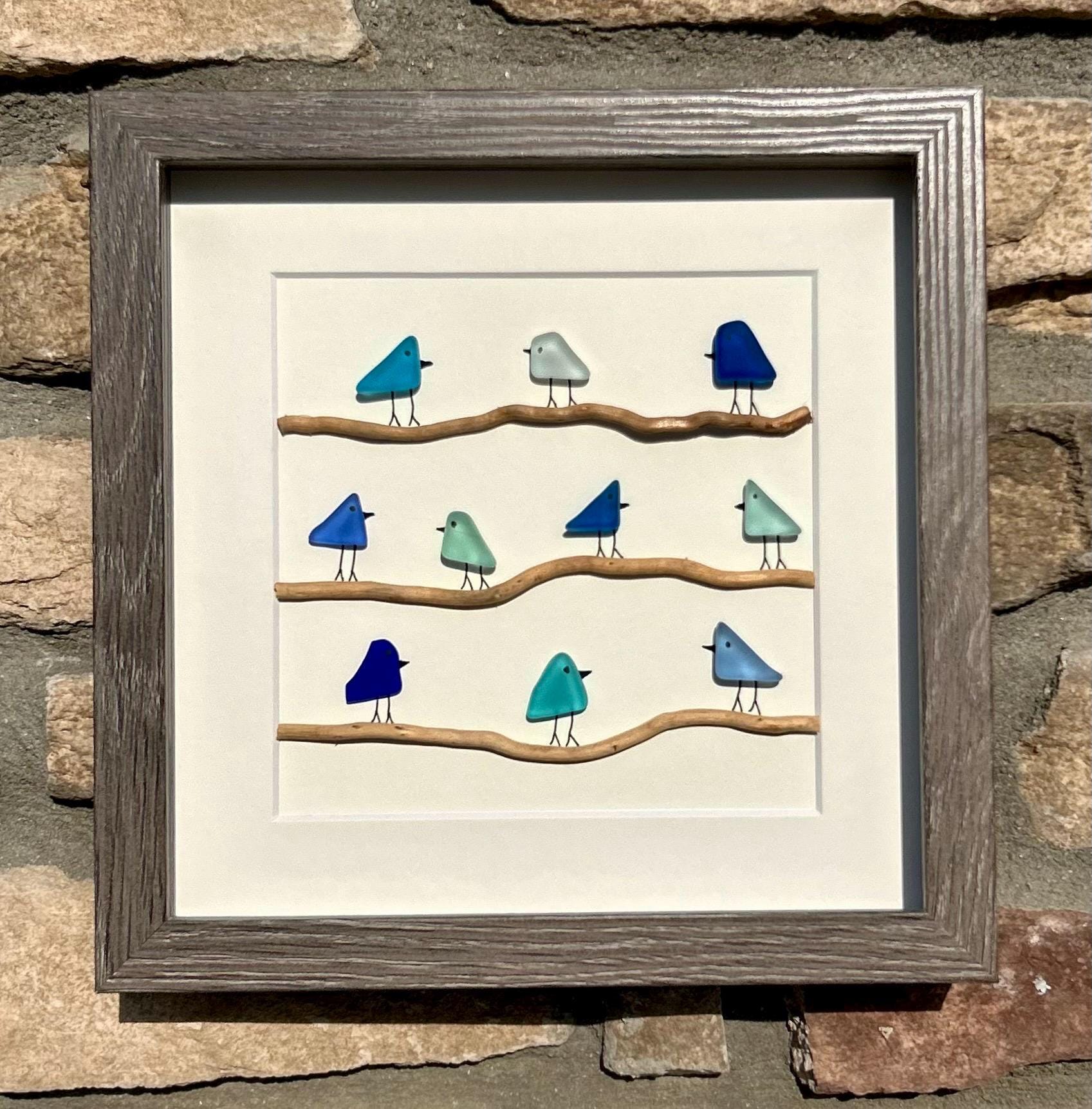 Sea Glass Birds on Driftwood | Coastal Framed Art (8x8)