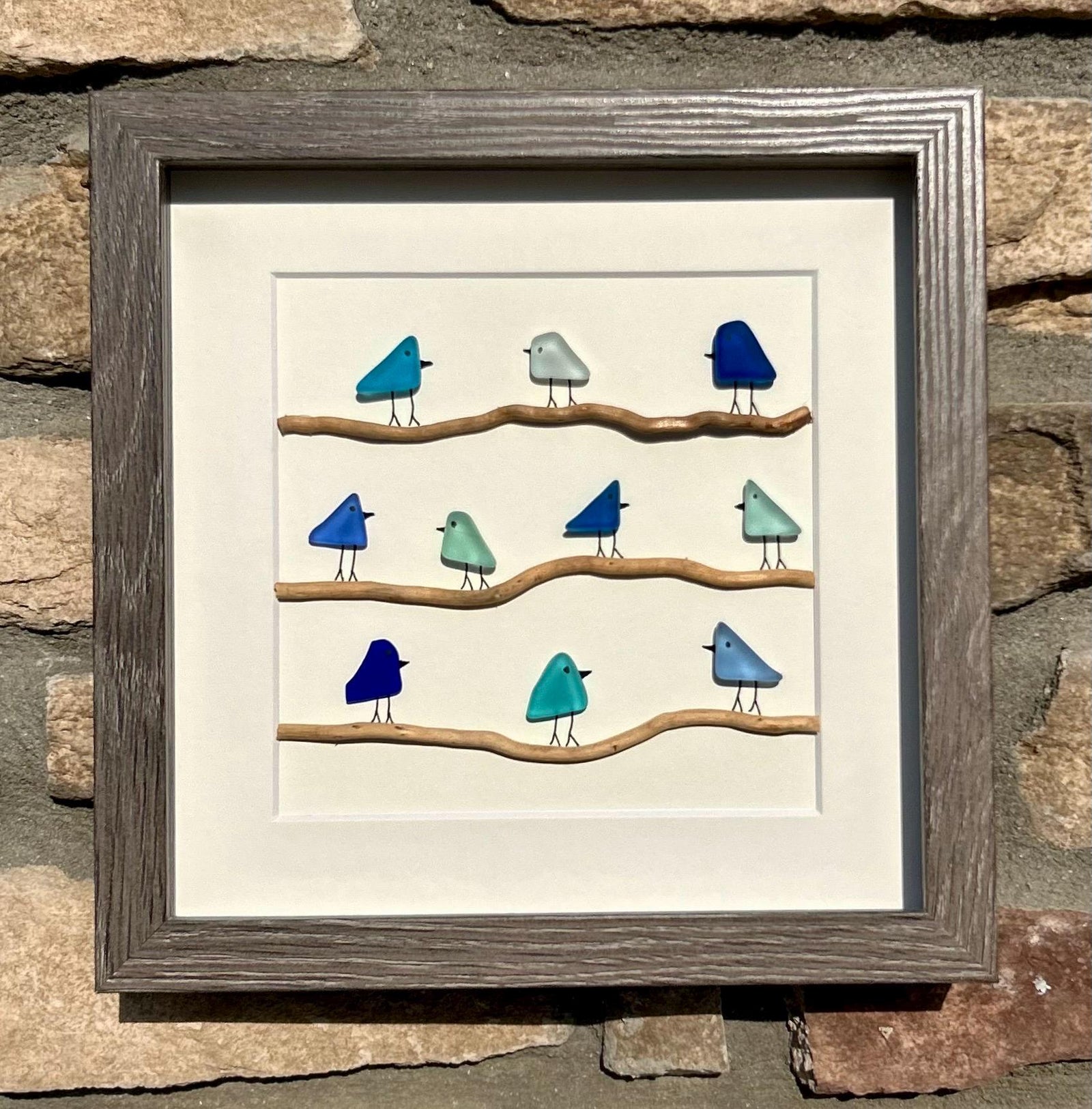 Sea Glass Birds in Shades of Blue on Driftwood | 8x8 Framed Blue Coastal Art | Minimalist Beach Décor