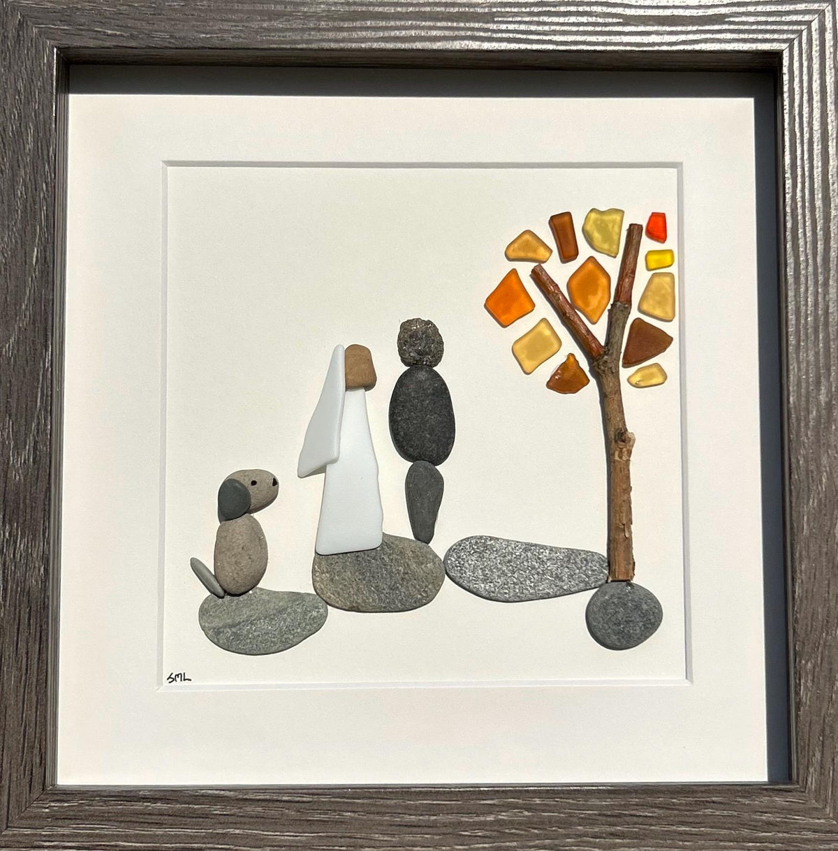 Autumn Wedding Gift with or without Dog | Fall Wedding Gift | 8x8 Handmade Pebble &amp; Sea Glass Art | Personalized Gift for Newlyweds