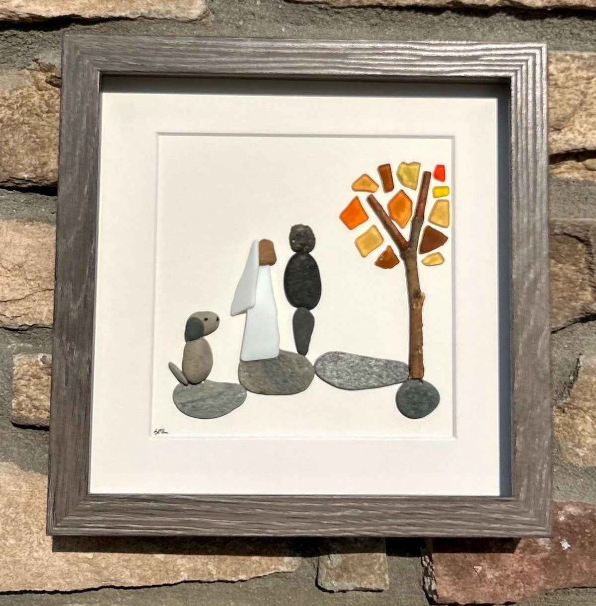 Autumn Wedding Gift with or without Dog | Fall Wedding Gift | 8x8 Handmade Pebble &amp; Sea Glass Art | Personalized Gift for Newlyweds