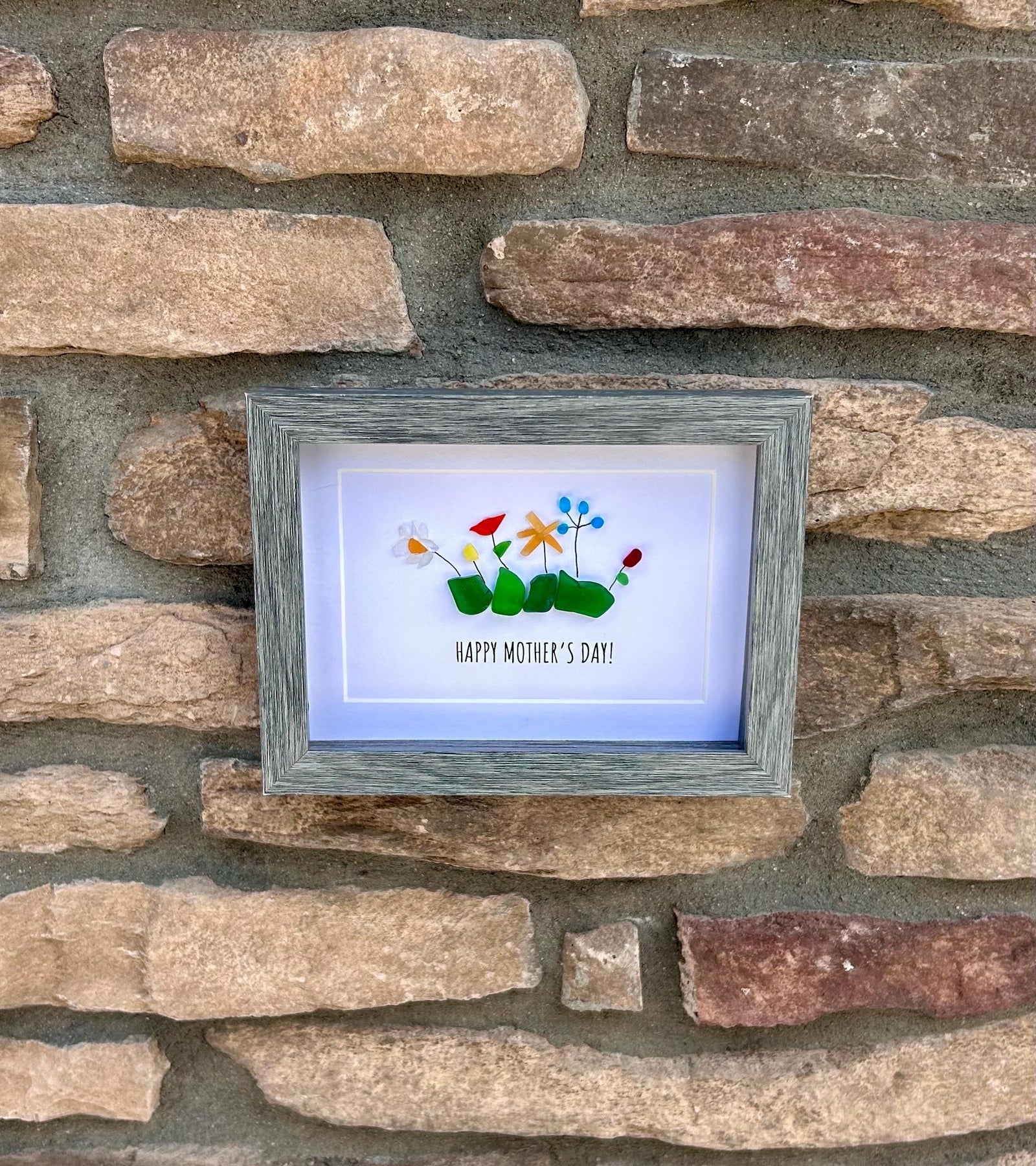 Happy Mother’s Day Sea Glass Flowers | 5x7 Framed Art | Handmade Gift for Mom | Unique & Personalized Mother’s Day Keepsake