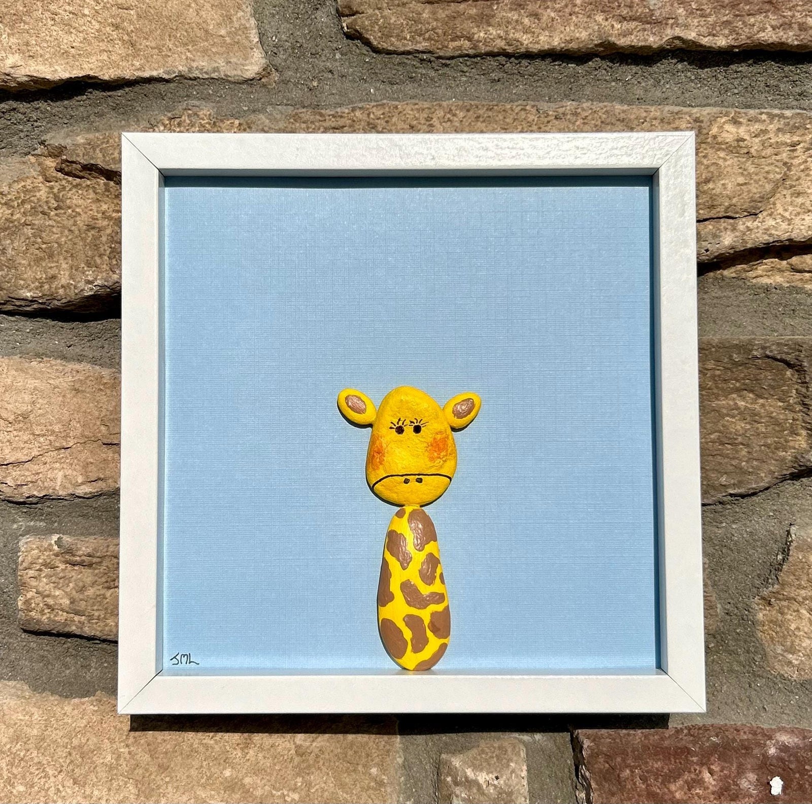 Handmade Giraffe Wall Art Yellow and Brown Pebble Giraffe in Hexagon Frame. Great gift for kids room general decor or craft room
