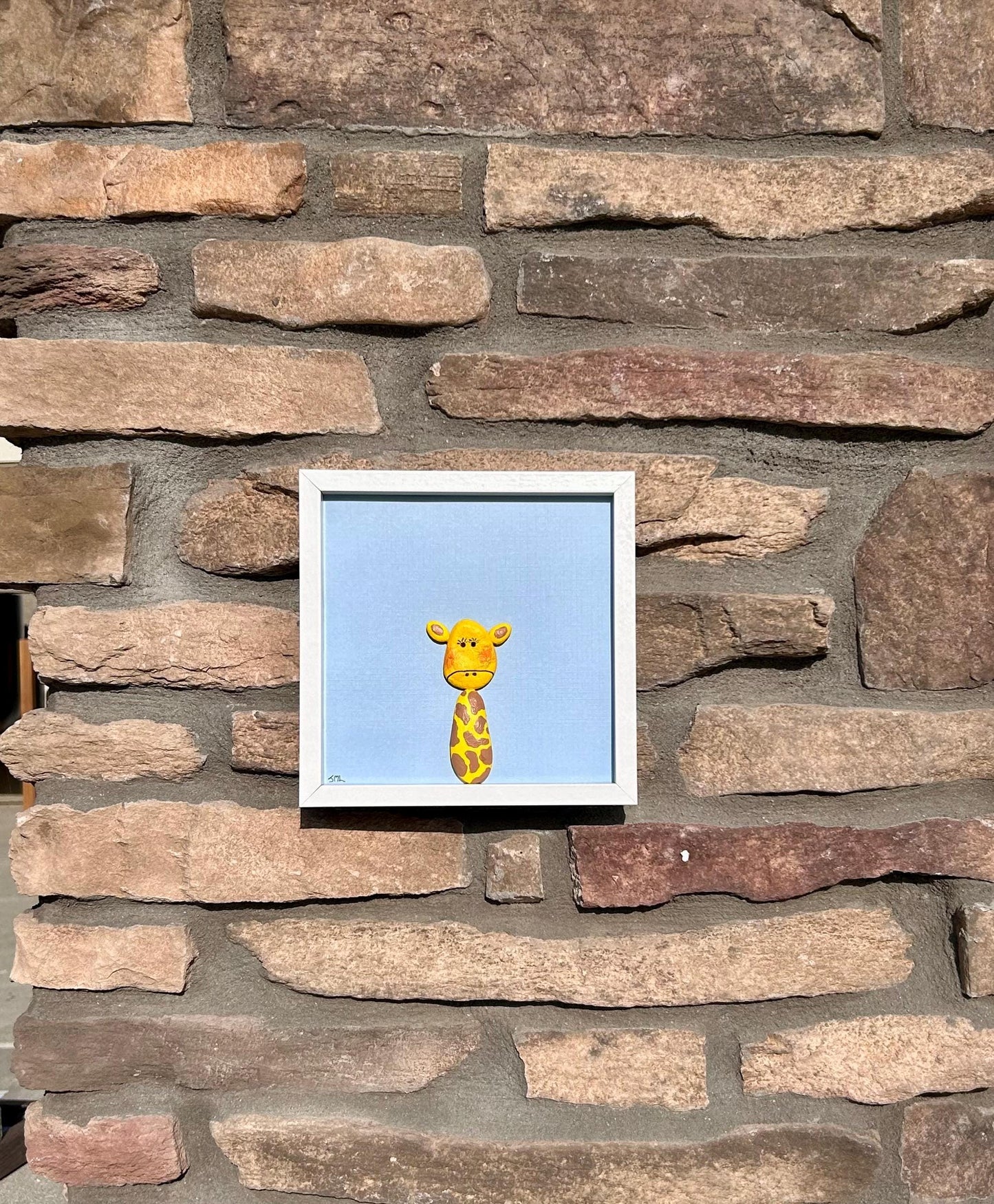 Giraffe Wall Art | Yellow and Brown Pebble Giraffe | Hexagon Frame | Great gift for kids room, nursery, craft room | 8x8 Pebble Art
