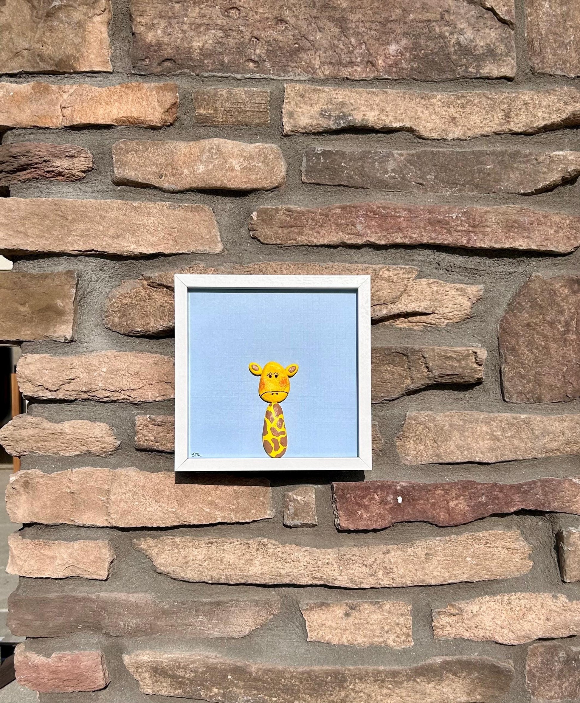 Giraffe Wall Art | Yellow and Brown Pebble Giraffe | Hexagon Frame | Great gift for kids room, nursery, craft room | 8x8 Pebble Art