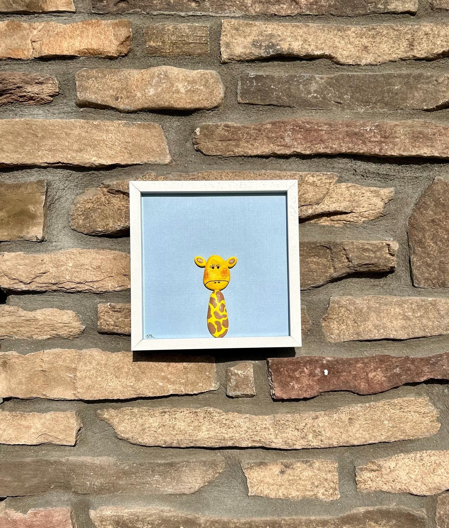 Giraffe Wall Art | Yellow and Brown Pebble Giraffe | Hexagon Frame | Great gift for kids room, nursery, craft room | 8x8 Pebble Art