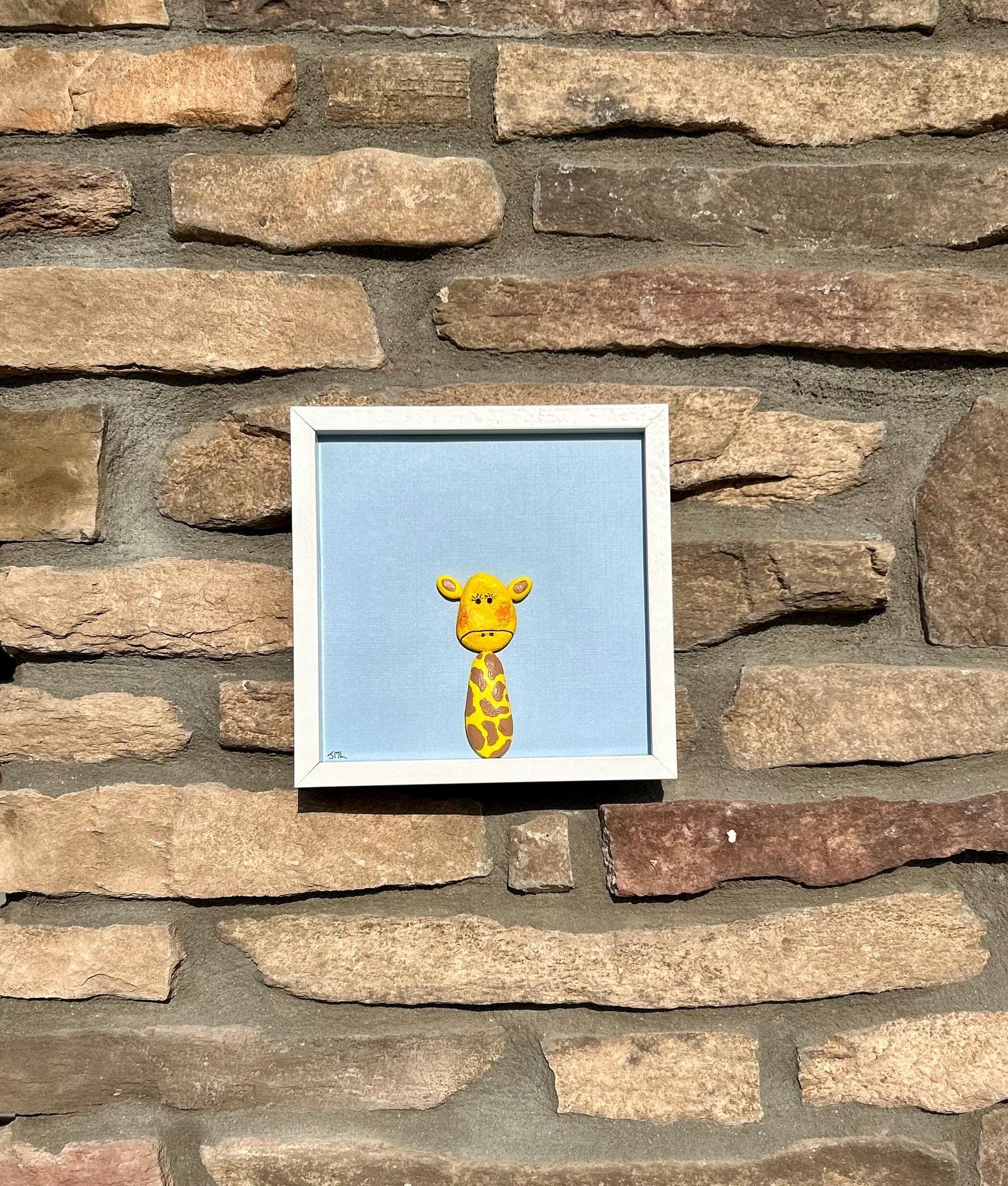 Giraffe Wall Art | Yellow and Brown Pebble Giraffe | Hexagon Frame | Great gift for kids room, nursery, craft room | 8x8 Pebble Art