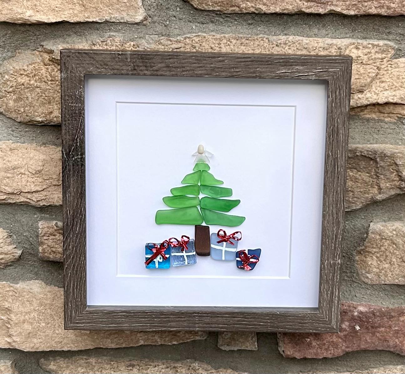 Christmas Tree Scottish Sea Glass Mosaic Art, 9x9 Framed Christmas Wall Decor