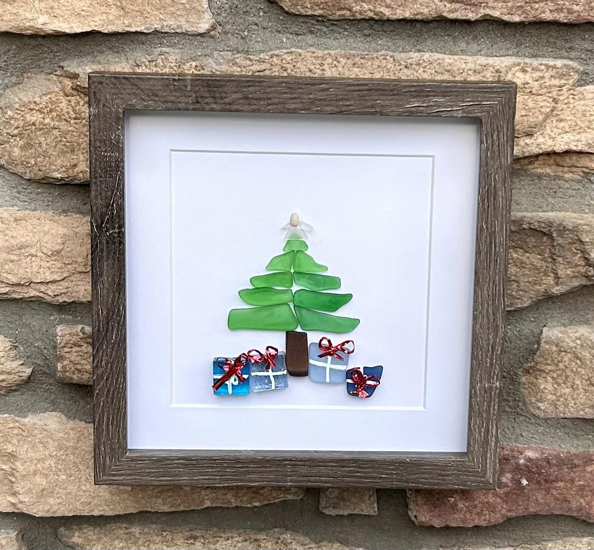 Christmas Tree Scottish Sea Glass Mosaic Art, 9x9 Framed Christmas Wall Decor