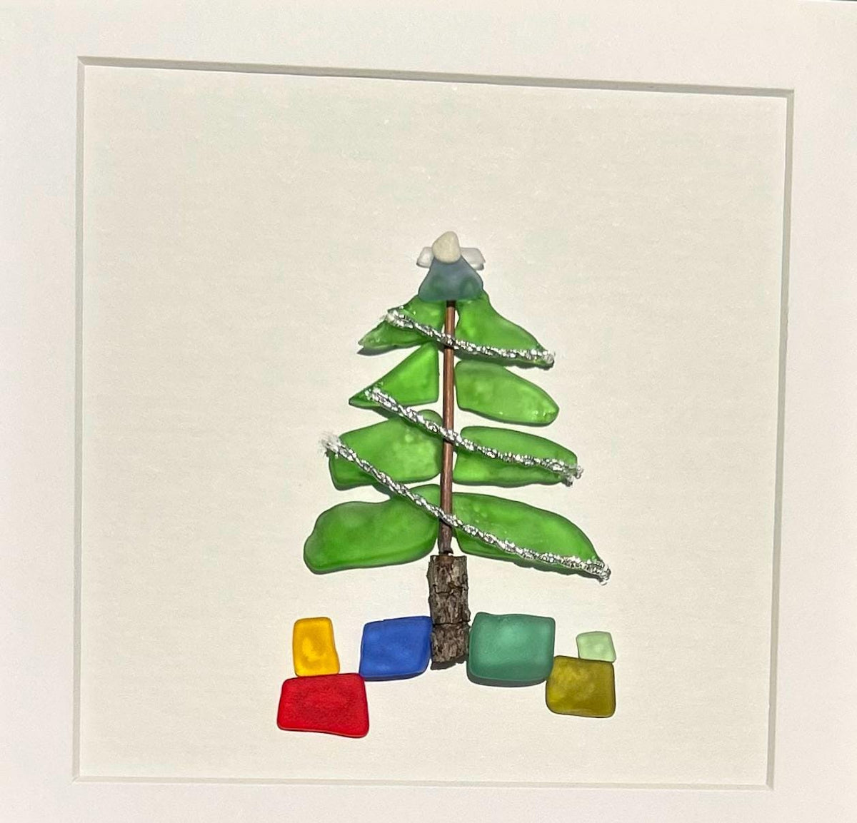 Christmas Tree Scottish Sea Glass Mosaic Art, 9x9 Framed Christmas Wall Decor