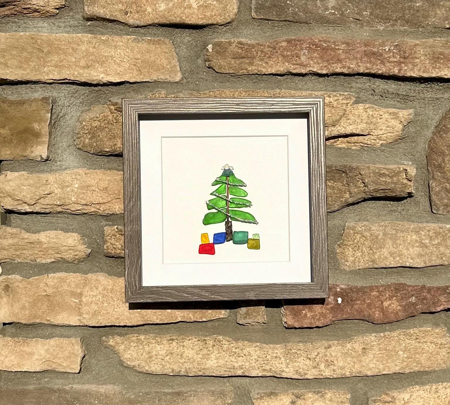 Christmas Tree Scottish Sea Glass Mosaic Art, 9x9 Framed Christmas Wall Decor
