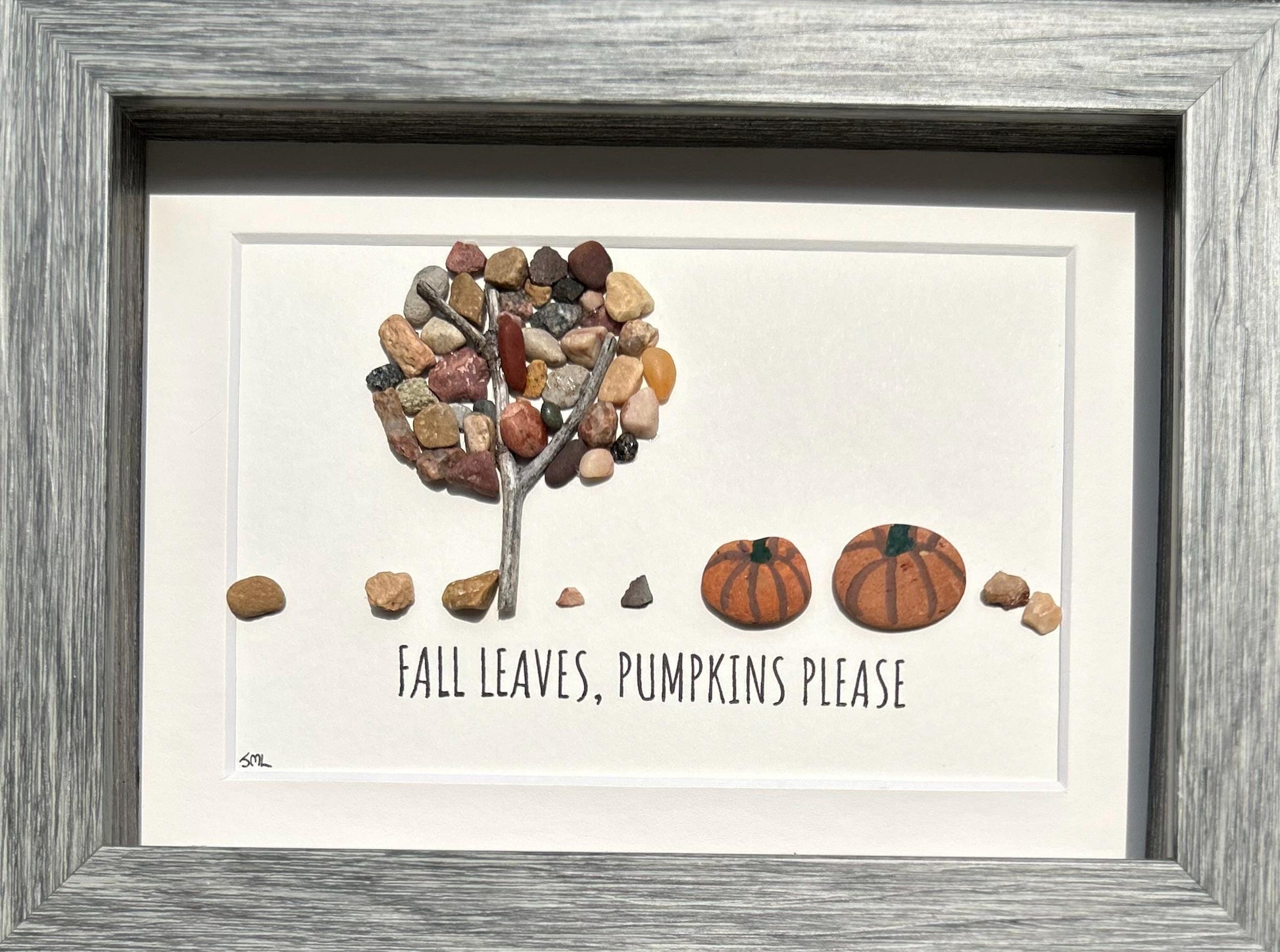 Fall Leaves Pumpkins Please | Autumn Art | Pumpkin Art | Halloween Art | Framed Handmade Natural Artwork | 5x7 Pebble Art