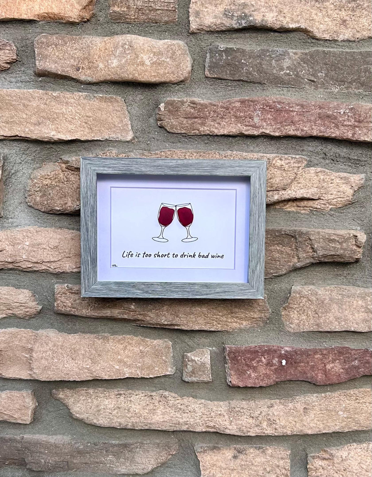 Life Is Too Short to Drink Bad Wine Sea Glass Art, 5x7 Framed Handmade Picture, Bar Decoration, Cocktail Art, Housewarming Gift, Wine Lover
