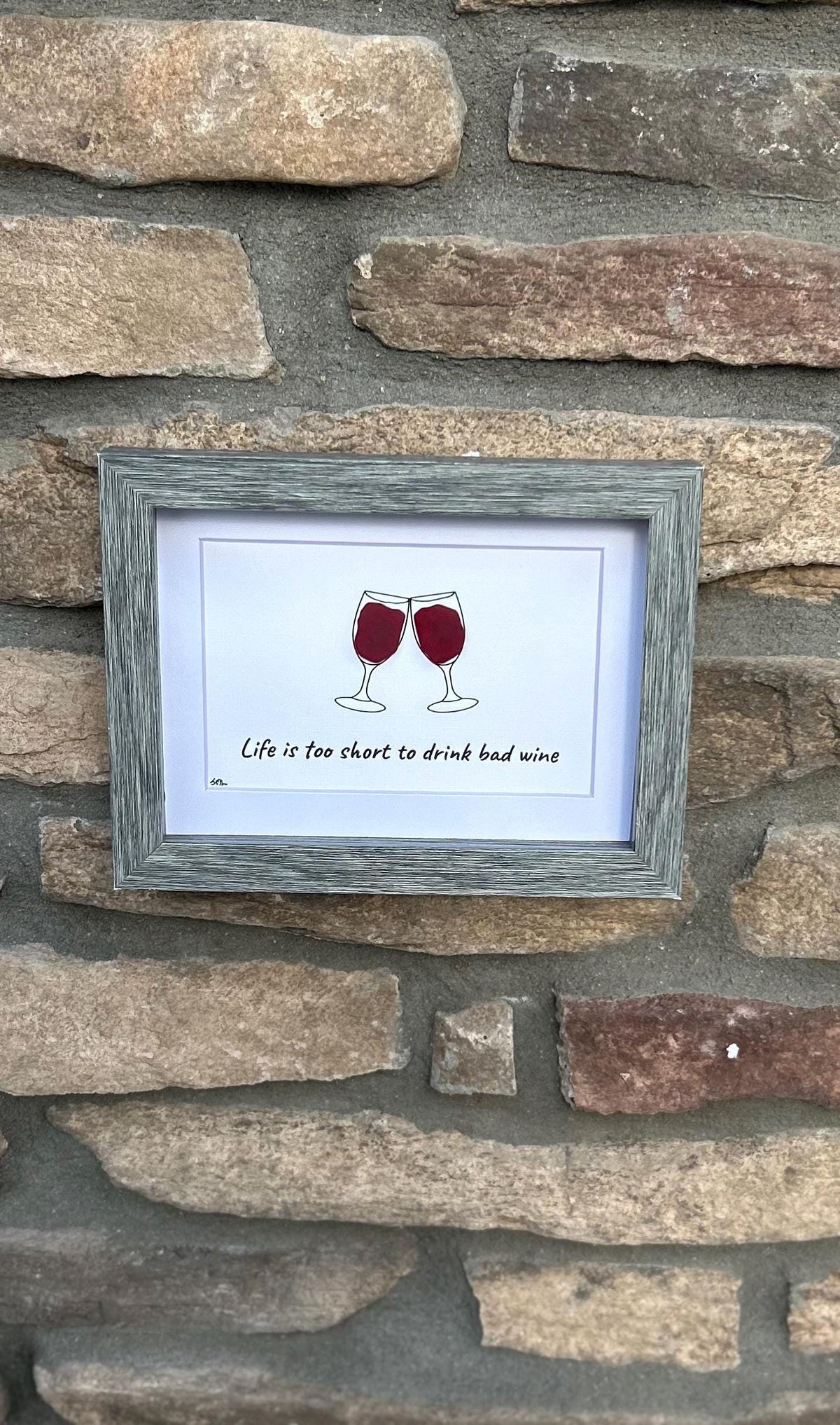 Life Is Too Short to Drink Bad Wine Sea Glass Art, 5x7 Framed Handmade Picture, Bar Decoration, Cocktail Art, Housewarming Gift, Wine Lover