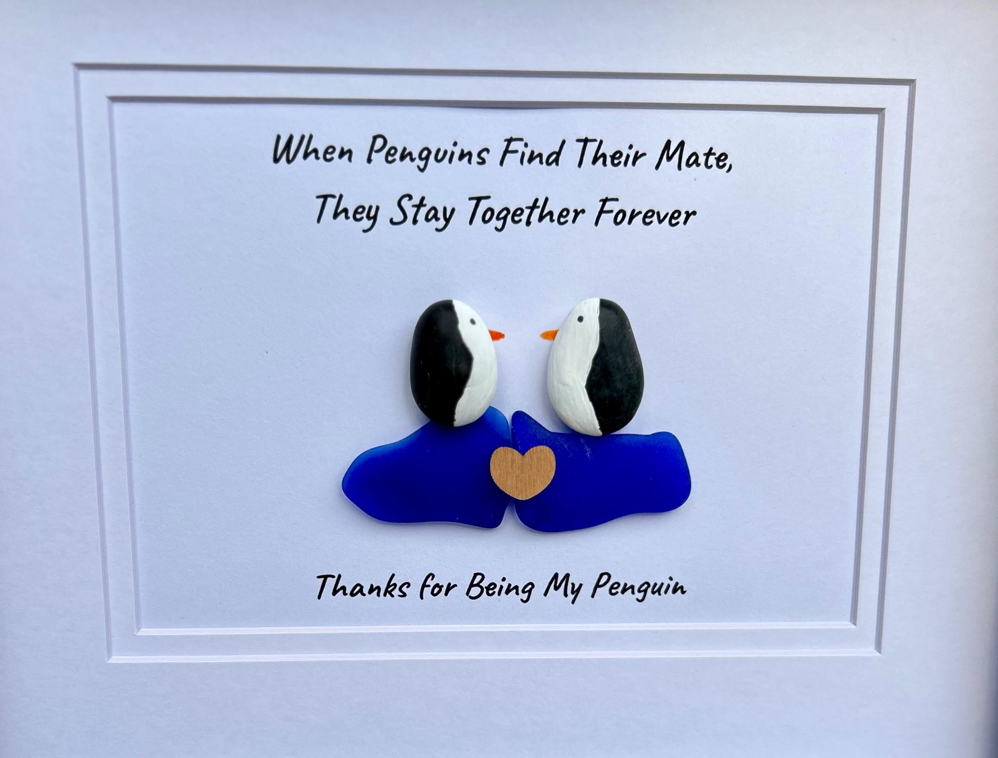 Thanks for Being My Penguin | Handmade Pebble & Sea Glass Art | Romantic Framed Gift for Anniversary or Partner | Sea Glass Penguin Art