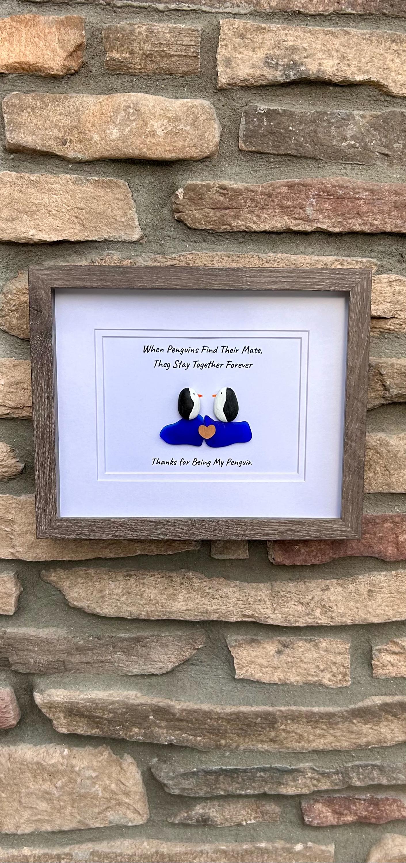 Thanks for Being My Penguin | Handmade Pebble & Sea Glass Art | Romantic Framed Gift for Anniversary or Partner | Sea Glass Penguin Art