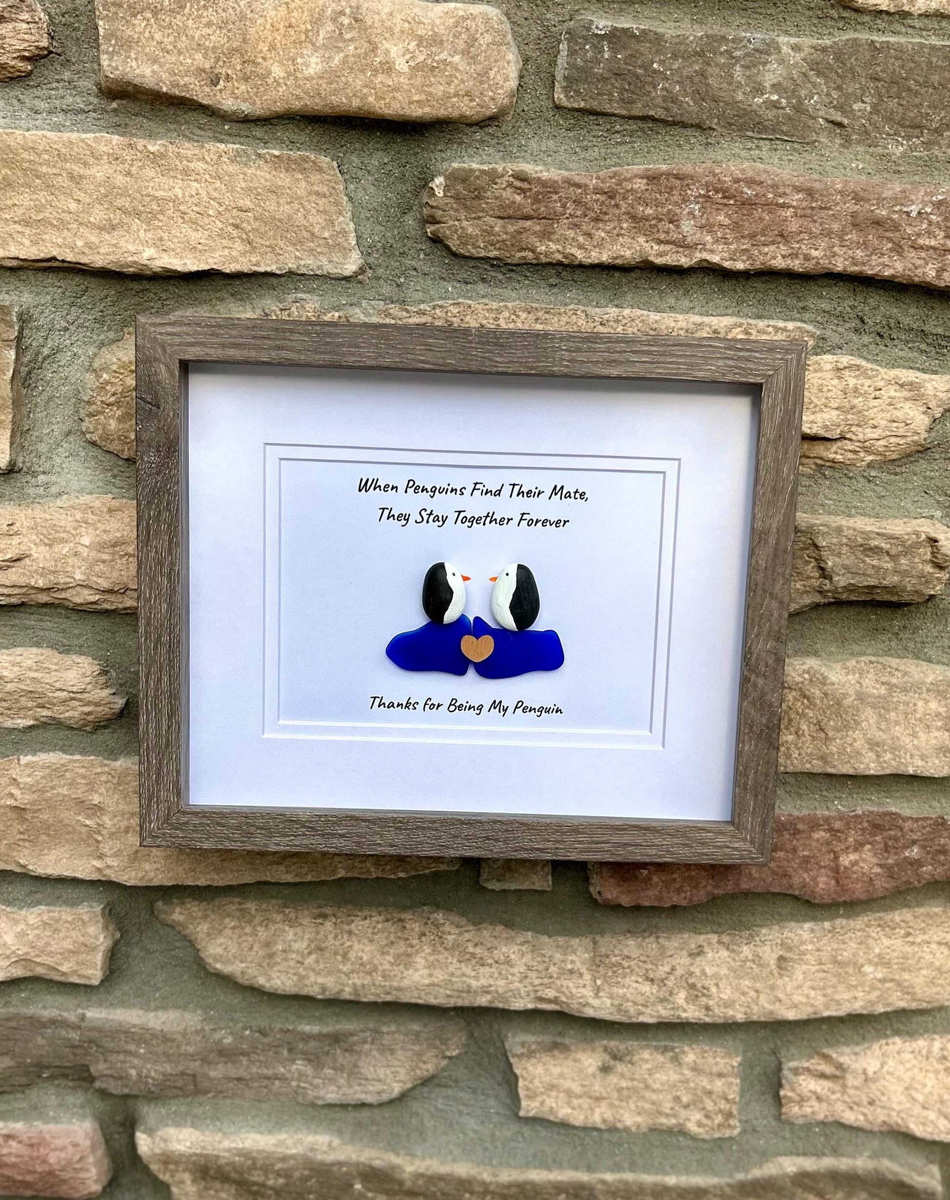 Thanks for Being My Penguin | Handmade Pebble & Sea Glass Art | Romantic Framed Gift for Anniversary or Partner | Sea Glass Penguin Art