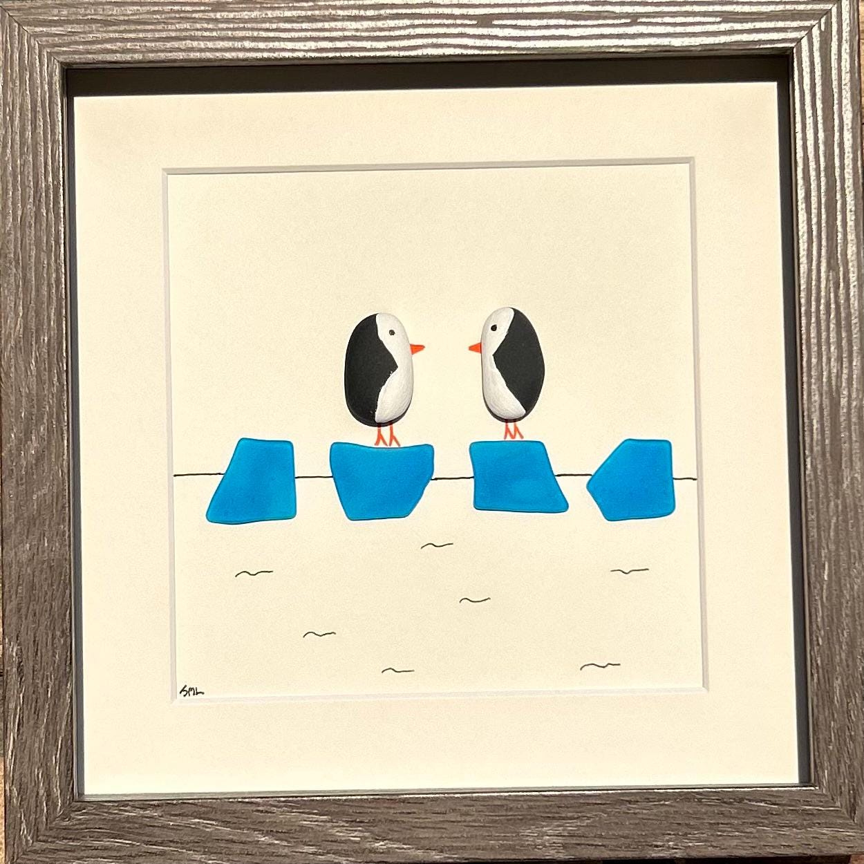 Penguin Couple on Ice | 8x10 Framed Pebble & Sea Glass Art | Handmade Winter or Anniversary Gift | Penguin Art | Penguin Gift