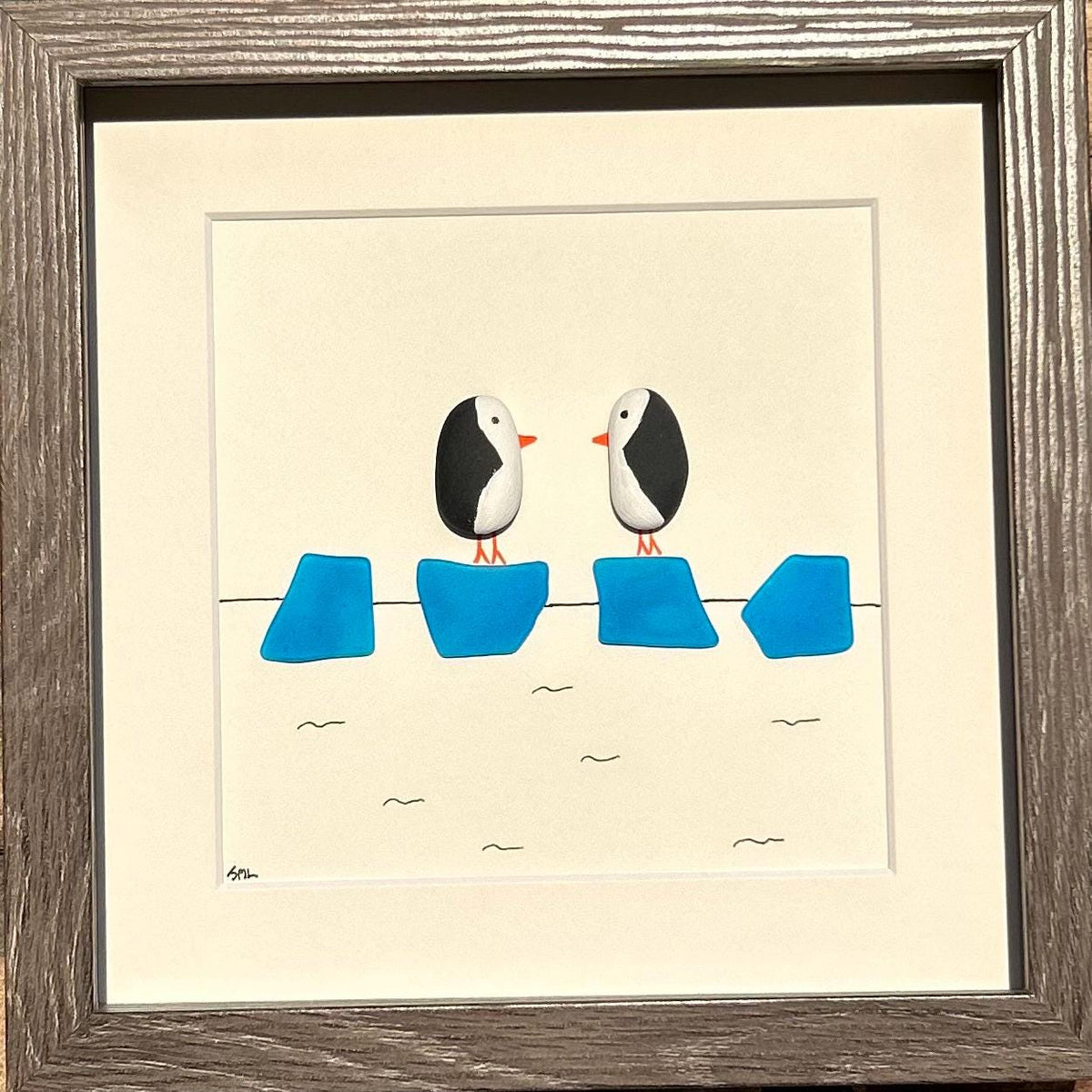 Penguin Couple on Ice | 8x10 Framed Pebble &amp; Sea Glass Art | Handmade Winter or Anniversary Gift | Penguin Art | Penguin Gift