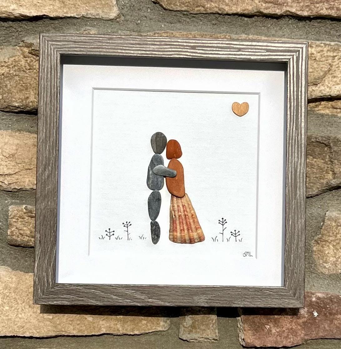 Romantic Pebble Art | Couple Embracing | 8x10 Sea Glass & Shells | Handmade Gift for Anniversary or Wedding | Pebble, Shells and Driftwood
