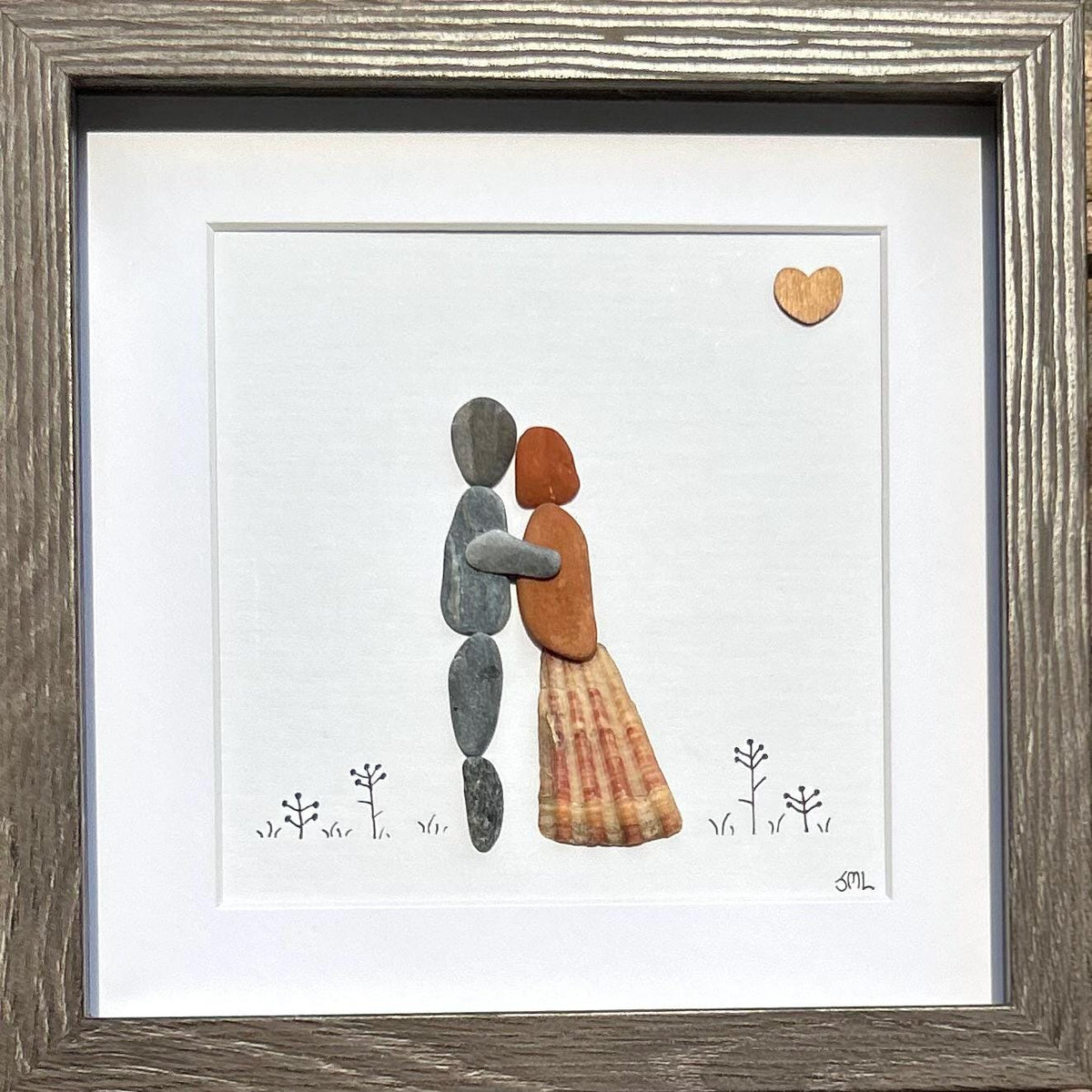 Romantic Pebble Art | Couple Embracing | 8x10 Sea Glass &amp; Shells | Handmade Gift for Anniversary or Wedding | Pebble, Shells and Driftwood