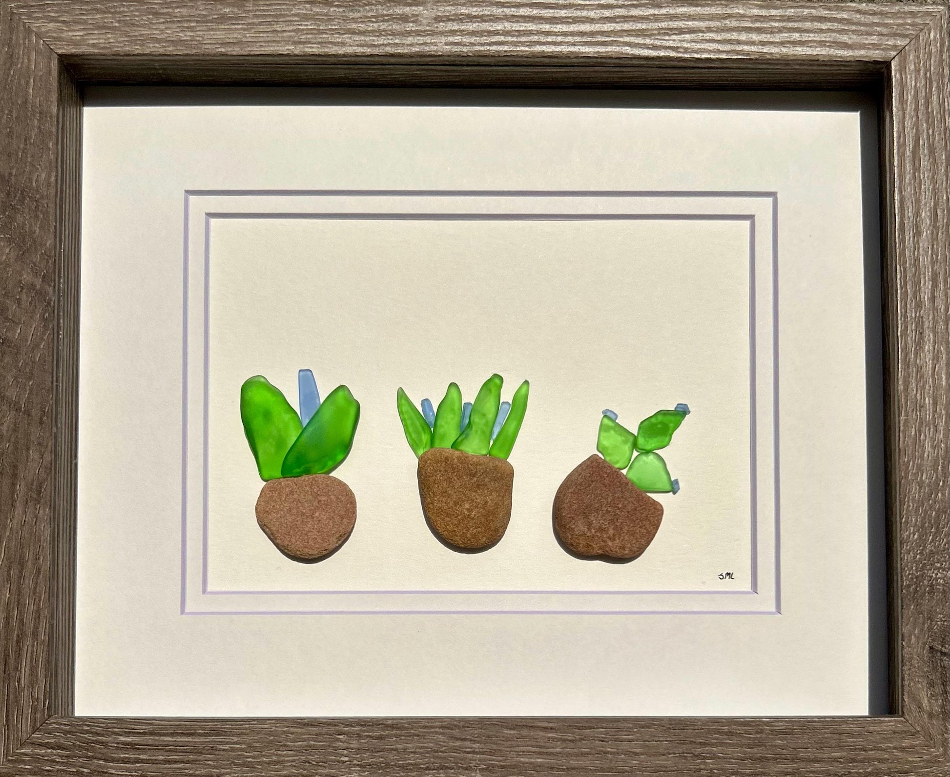 Sea Glass Pebble Plant Art | 5x7 Framed Handmade Artwork