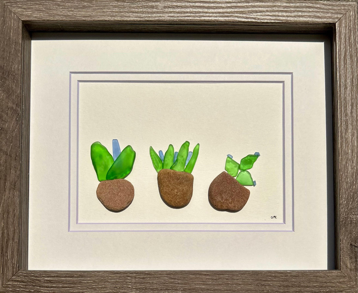 Sea Glass &amp; Pebble Plant Art | Handmade 5x7 Framed Garden-Inspired | Gift for Her | Gift for Him | Birthday Present