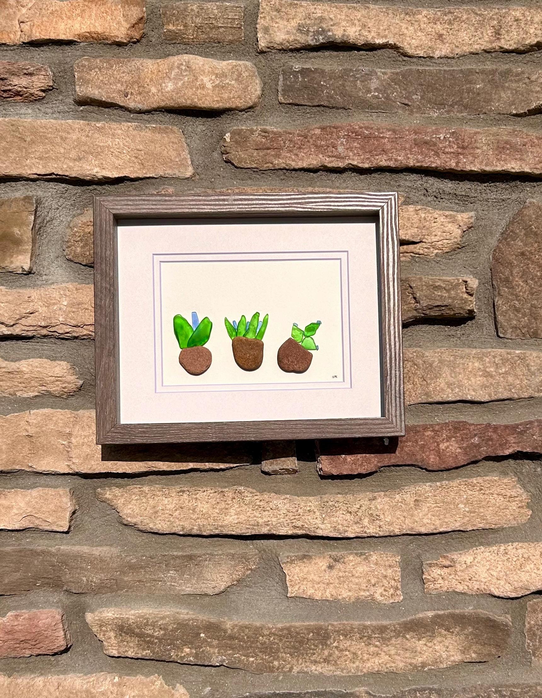 Sea Glass Pebble Plant Art | 5x7 Framed Handmade Artwork