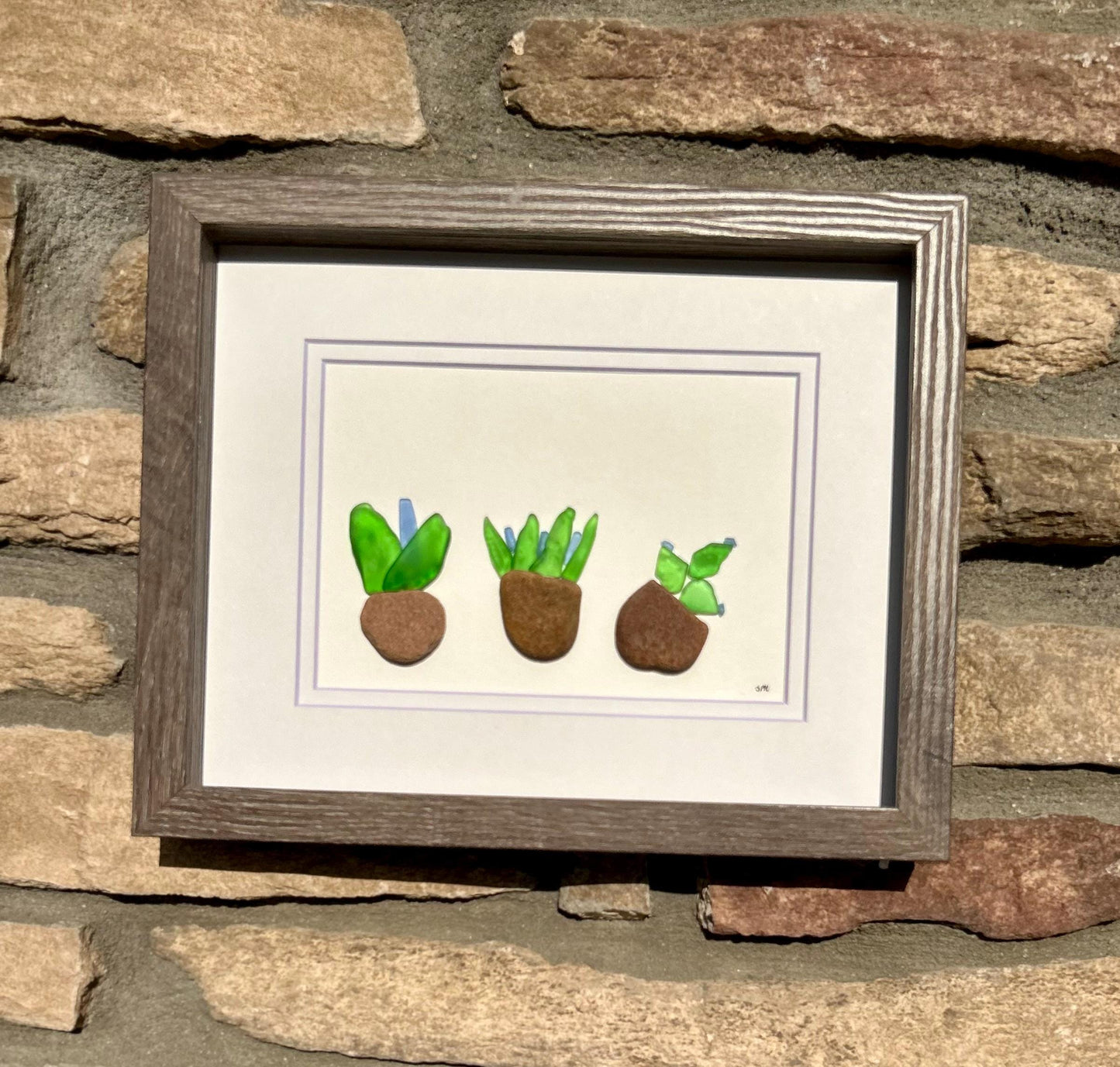 Sea Glass Pebble Plant Art | 5x7 Framed Handmade Artwork