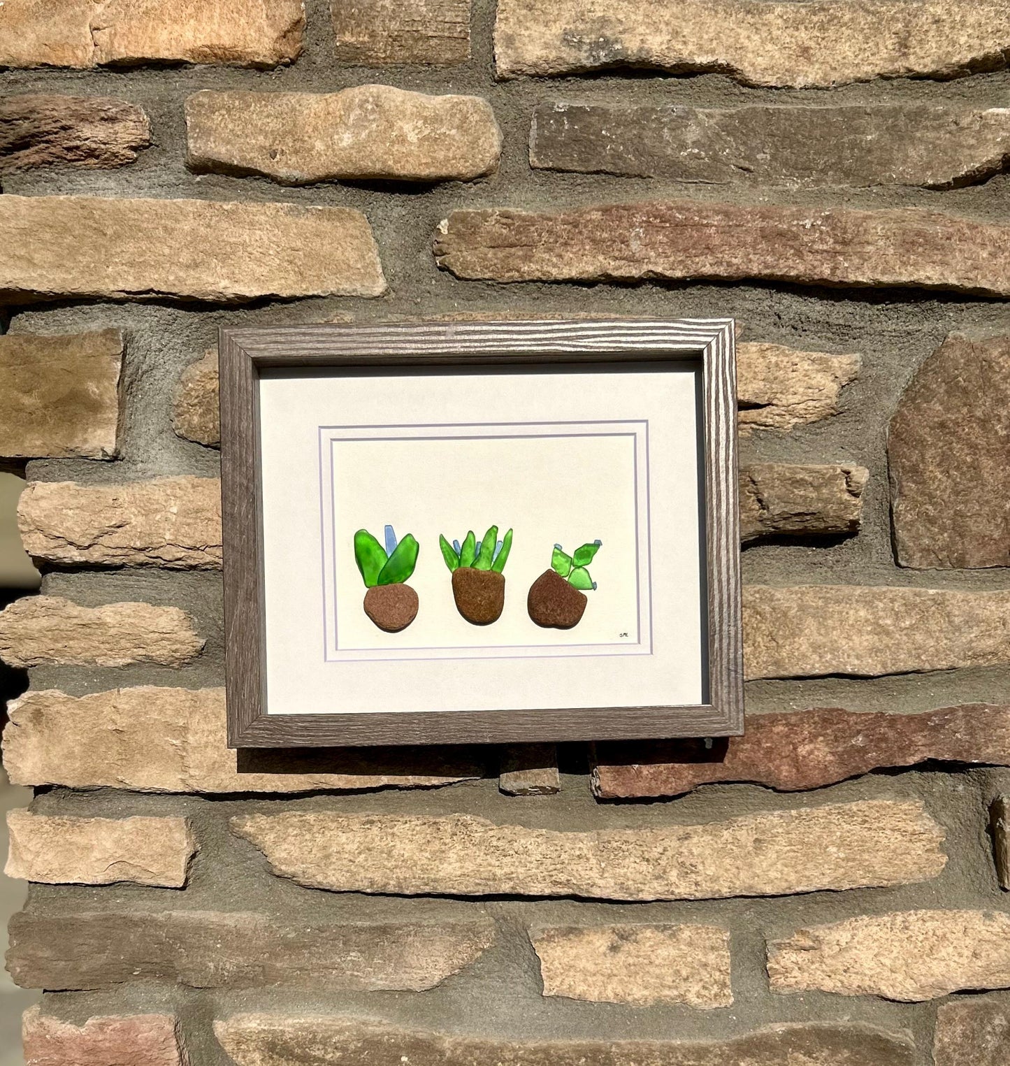 Sea Glass Pebble Plant Art | 5x7 Framed Handmade Artwork
