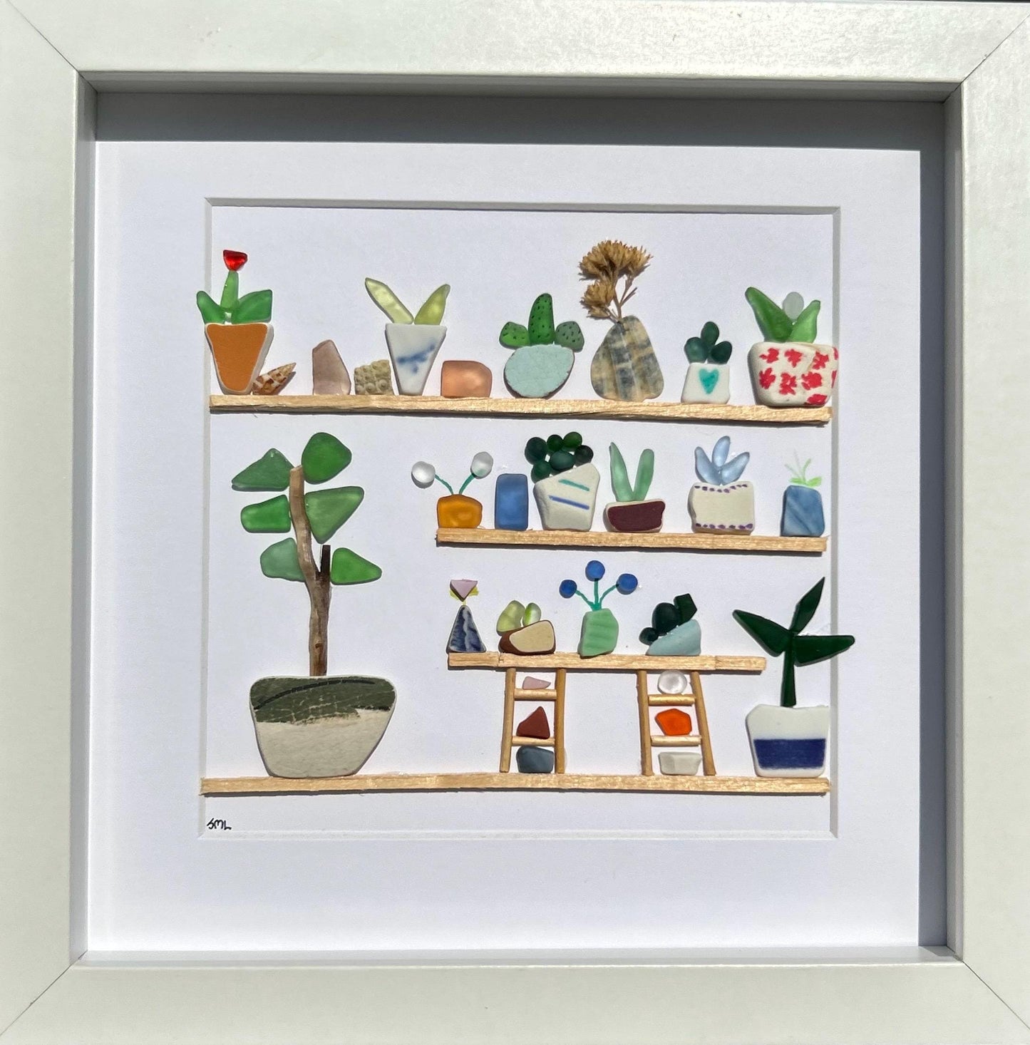 Sea Glass Flowers on a Shelf Art | Plants on Shelves | Framed 9x9 Coastal Wall Decor with Shells & Pottery | Original Handmade Beach Artwork