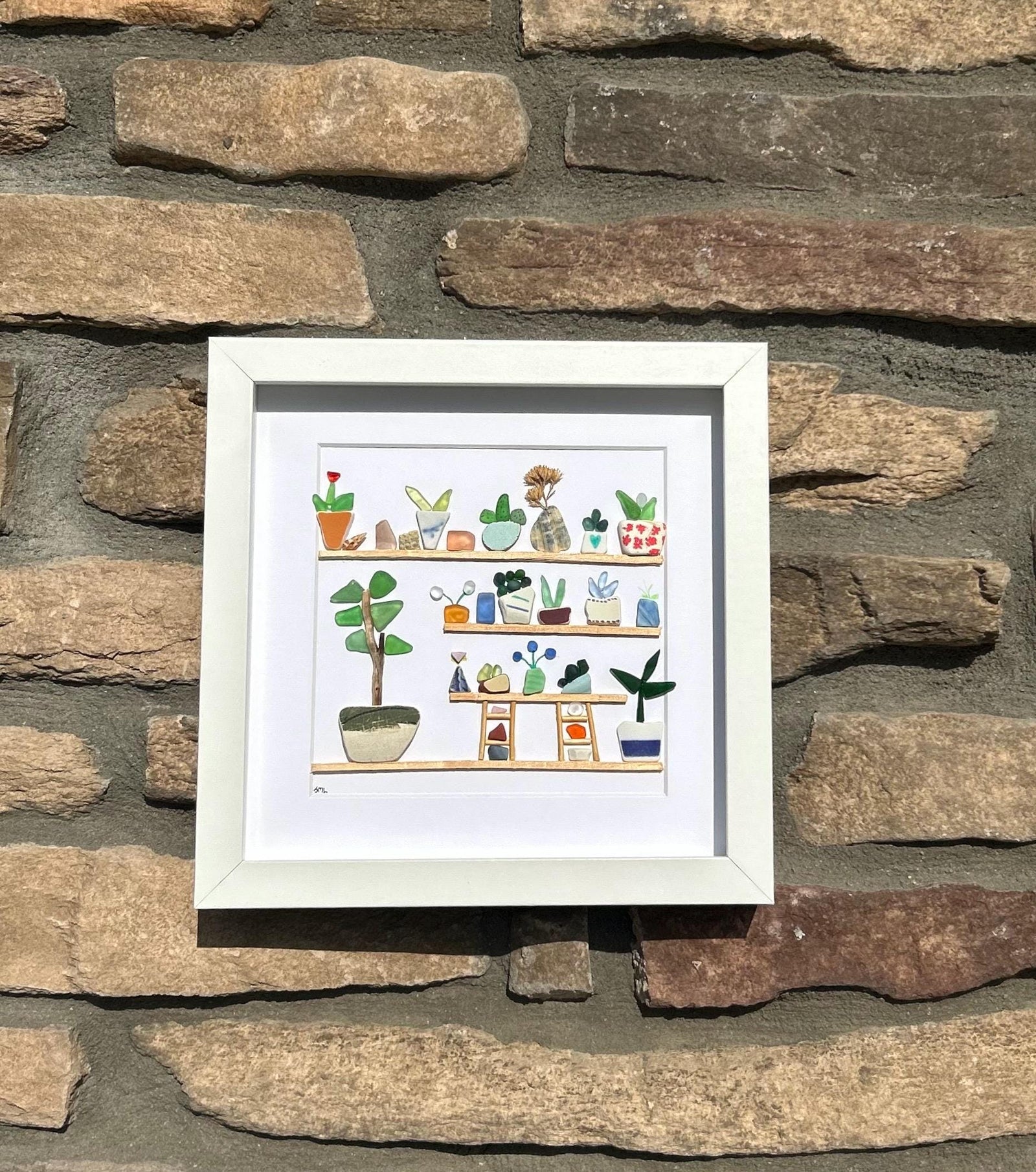 Sea Glass Flowers on a Shelf Art | Plants on Shelves | Framed 9x9 Coastal Wall Decor with Shells & Pottery | Original Handmade Beach Artwork