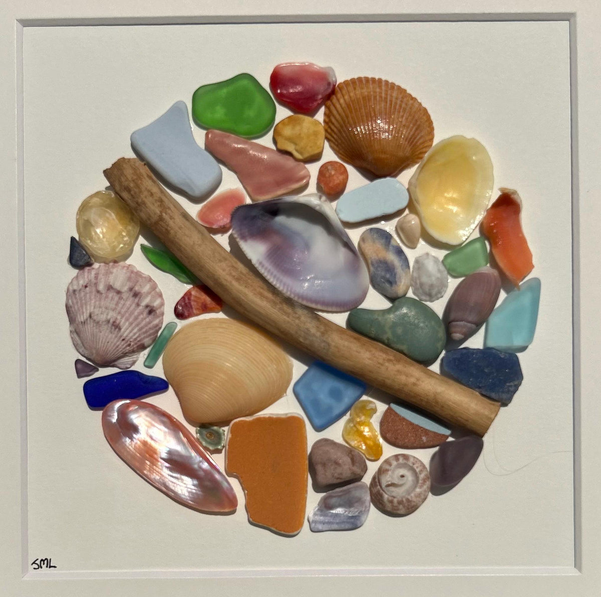 Colorful Sea Glass Circle Collage | 9x9 Framed Beach Art with Shells &amp; Pottery | Handmade Coastal Wall Decor