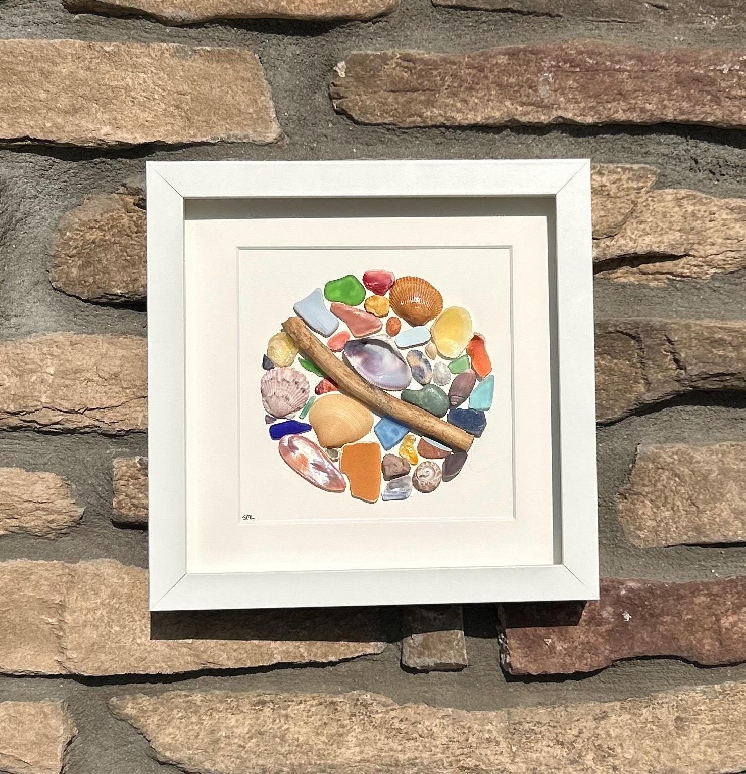 Colorful Sea Glass Circle Collage | 9x9 Framed Beach Art with Shells & Pottery | Handmade Coastal Wall Decor