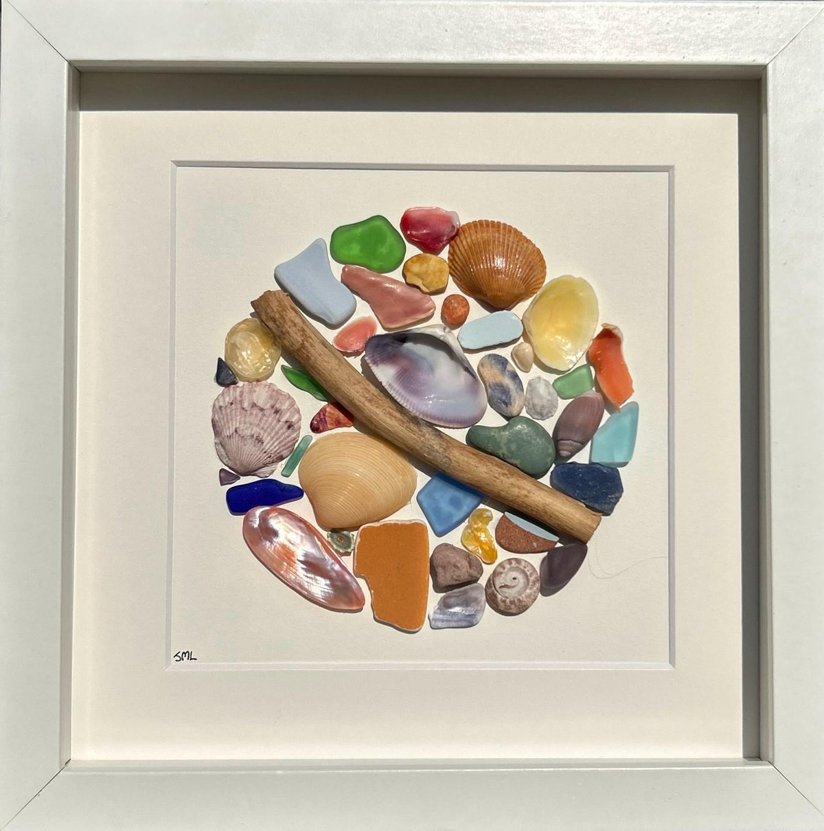 Colorful Sea Glass Circle Collage | 9x9 Framed Beach Art with Shells &amp; Pottery | Handmade Coastal Wall Decor