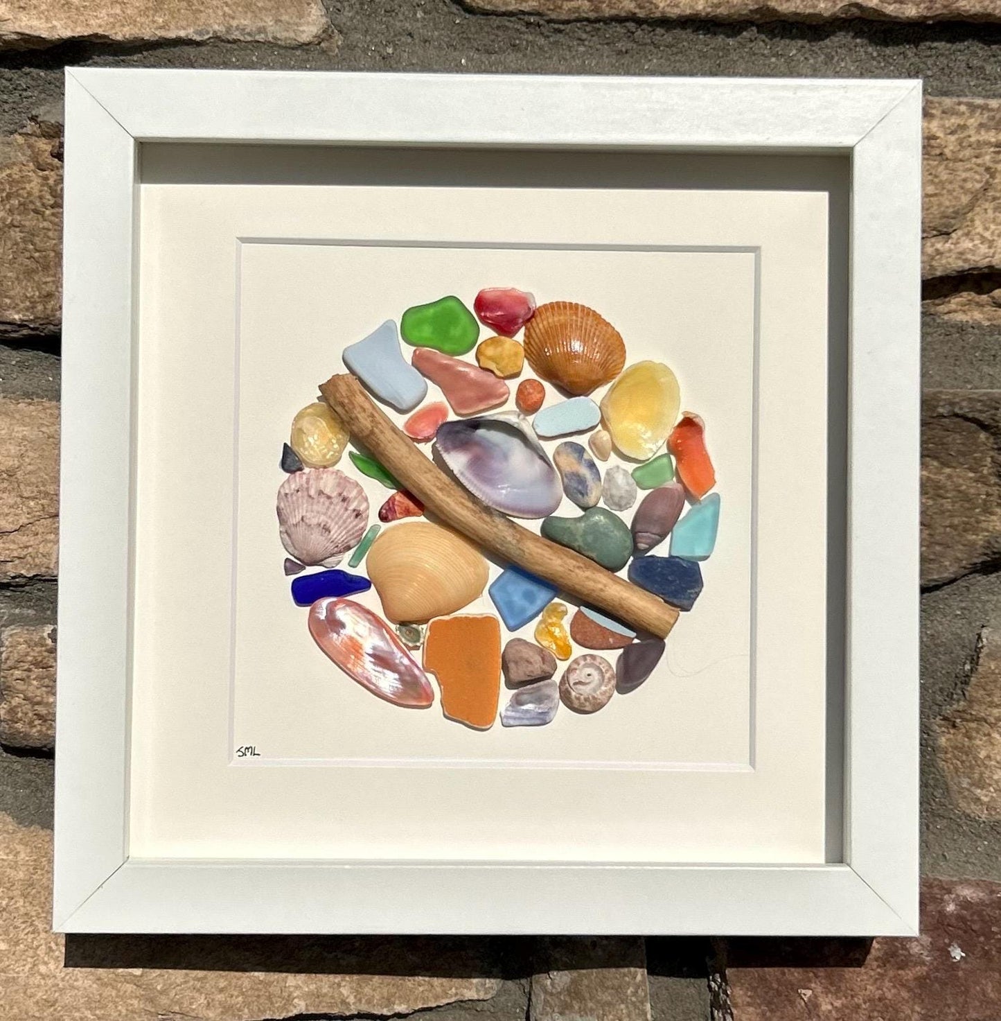 Colorful Sea Glass Circle Collage | 9x9 Framed Beach Art with Shells & Pottery | Handmade Coastal Wall Decor