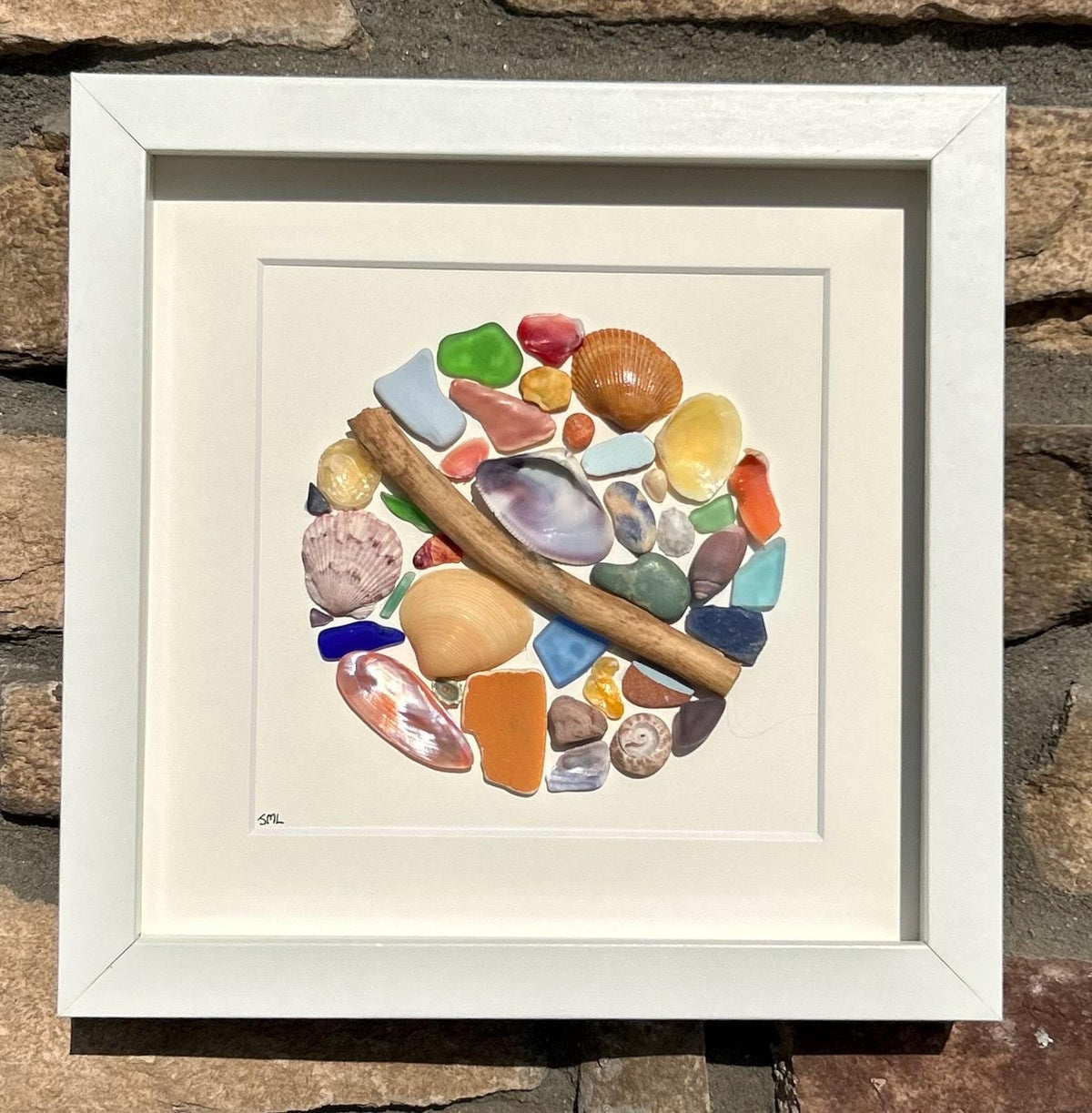 Colorful Sea Glass Circle Collage | 9x9 Framed Beach Art with Shells &amp; Pottery | Handmade Coastal Wall Decor