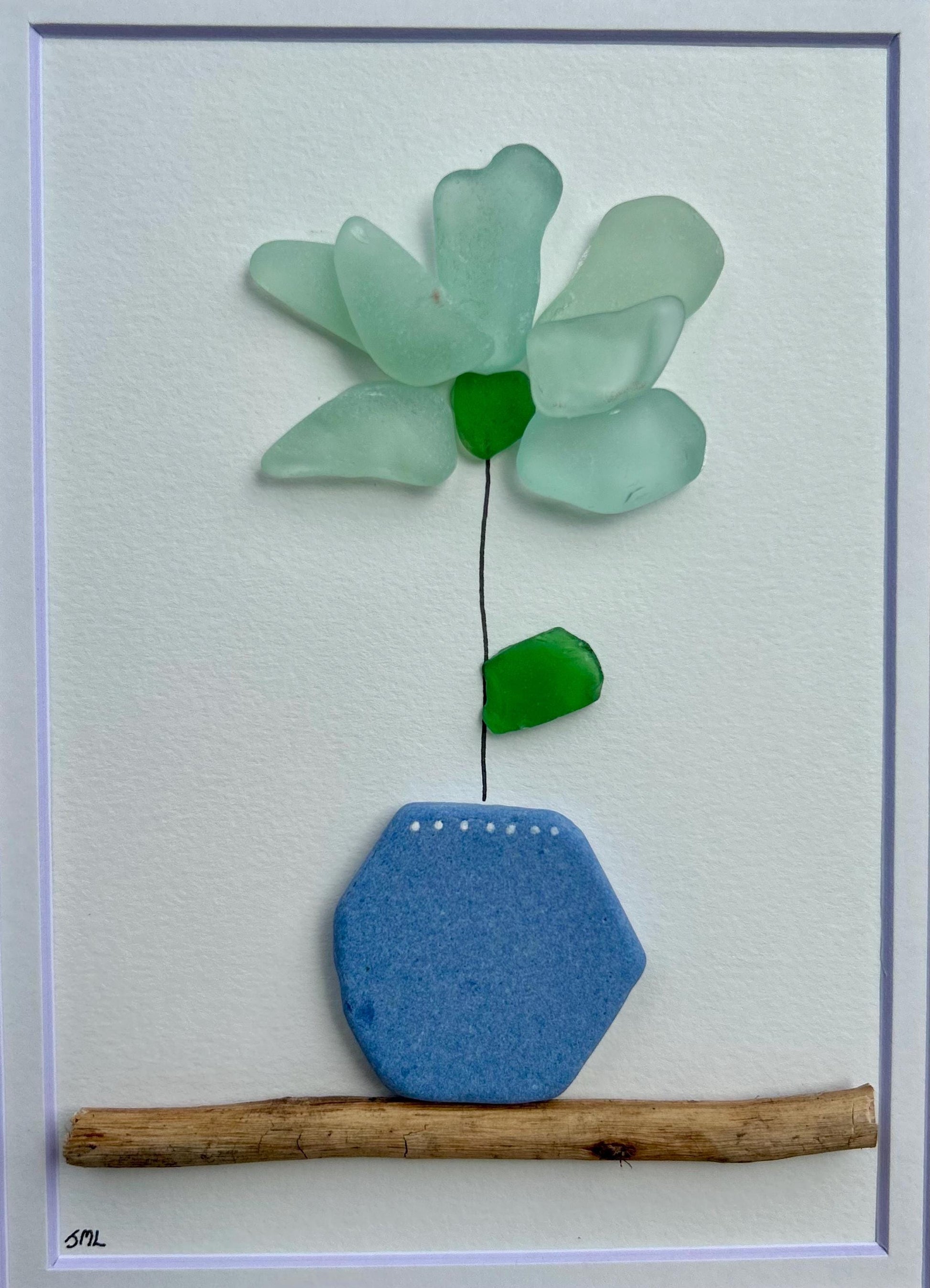 Sea Glass Flower Mosaic | 8x10 Framed Beach Art with Spanish Pottery & Scottish Sea Glass | Gift for Plant Lover | Gift for Gardner