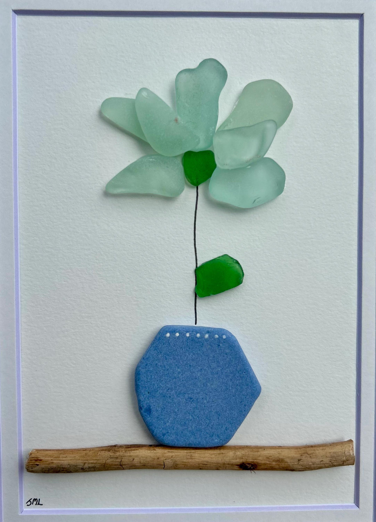 Sea Glass Flower Mosaic | 8x10 Framed Beach Art with Spanish Pottery &amp; Scottish Sea Glass | Gift for Plant Lover | Gift for Gardner
