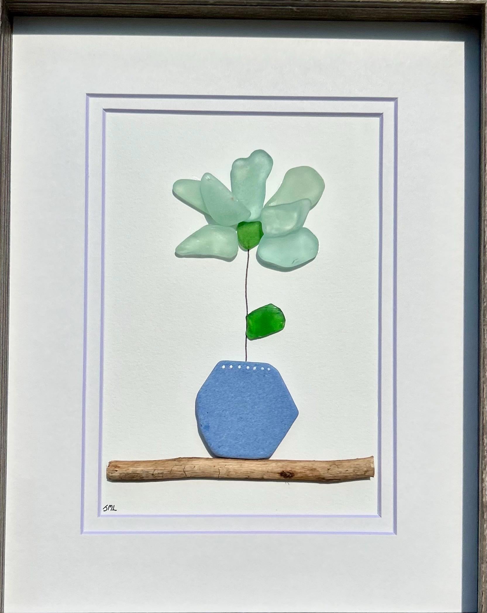 Sea Glass Flower Mosaic | 8x10 Framed Beach Art with Spanish Pottery & Scottish Sea Glass | Gift for Plant Lover | Gift for Gardner