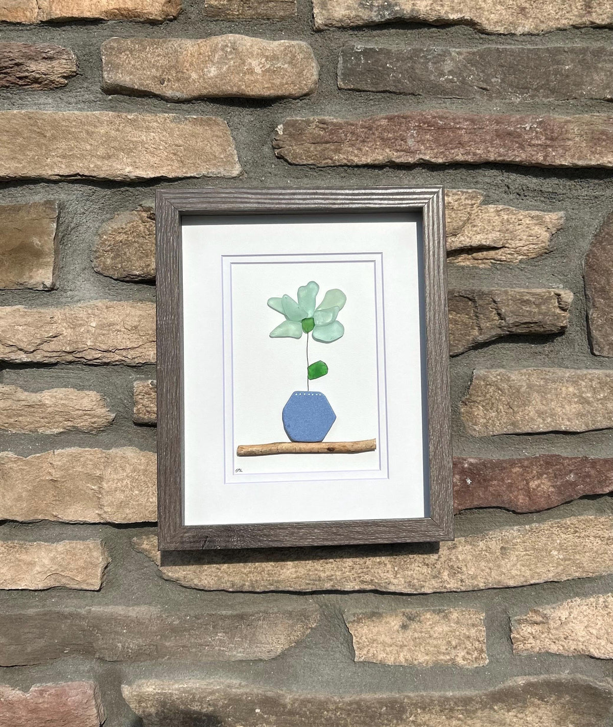Sea Glass Flower Mosaic | 8x10 Framed Beach Art with Spanish Pottery &amp; Scottish Sea Glass | Gift for Plant Lover | Gift for Gardner