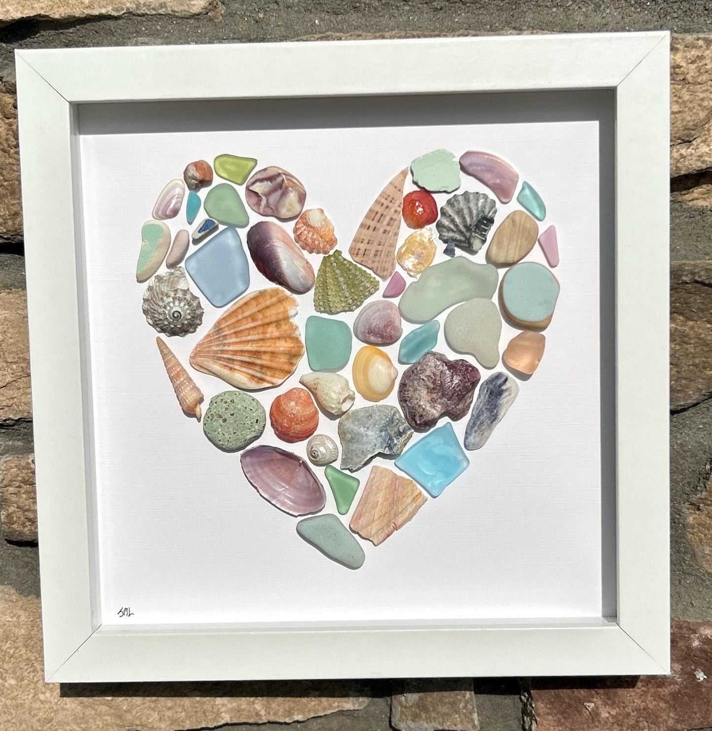 Colorful Heart Beach Collage | 9x9 Framed Sea Glass, Shell & Pottery Art | Handmade Coastal Wall Decor | Scottish Sea Glass and Shells