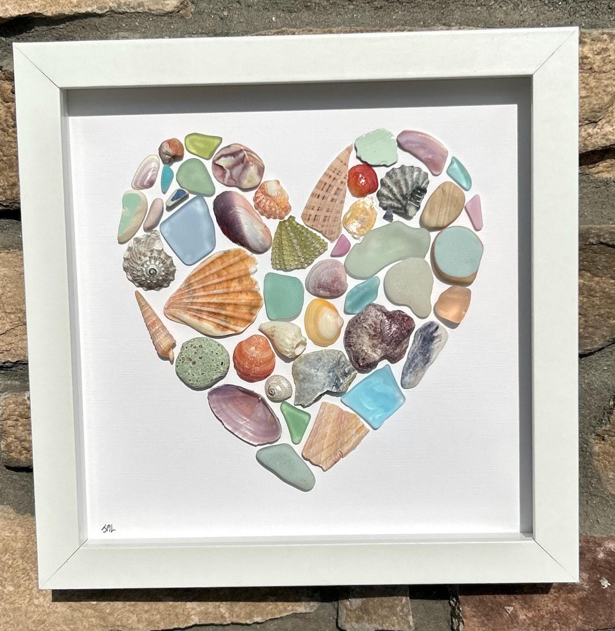 Colorful Heart Beach Collage | 9x9 Framed Sea Glass, Shell &amp; Pottery Art | Handmade Coastal Wall Decor | Scottish Sea Glass and Shells